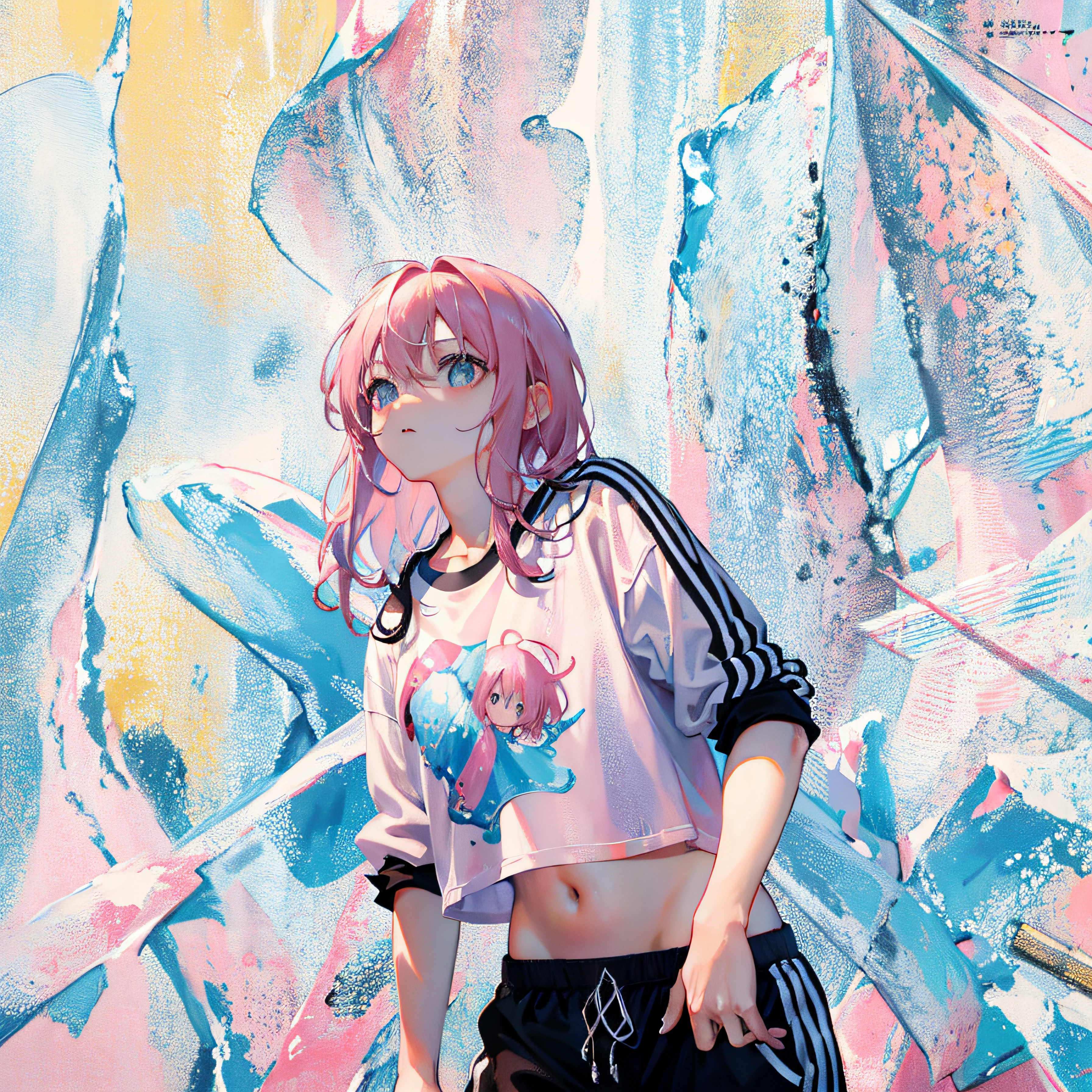 (Realistic painting style:1.0), Masterpiece, Best quality, absurderes, comic strip, illustration,
1 girl, Medium hair, Cute girl, young and cute girl, Korean girl, {Breasts}, Width 17, 
A girl in a white shirt and black shorts, Wearing track suit, croptop, trending on r/Street attire, She is seen wearing streetwear pieces, Wearing track suit, Sportswear, 
Pink hair, Pink hair, with pink hair, with pink hair,