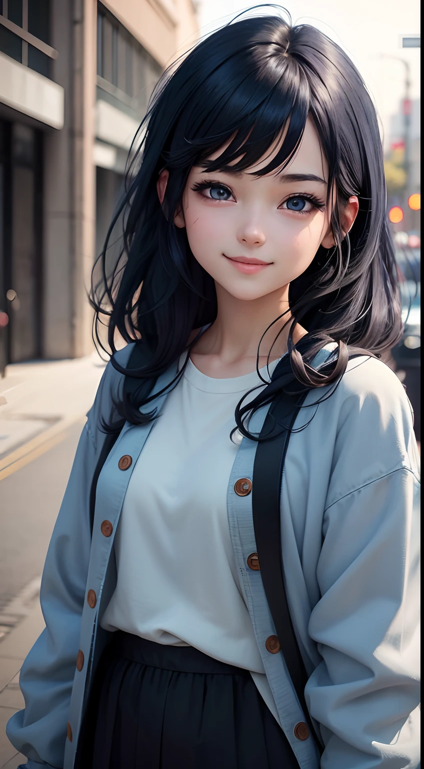 Anime girl, face: cuteness and smiling, eyes: cute and blue colour, clothes: modern clothes blue colour, hair: half black and half blue with best hairstyle, background: dark black, image type: ultra realistic 8k.