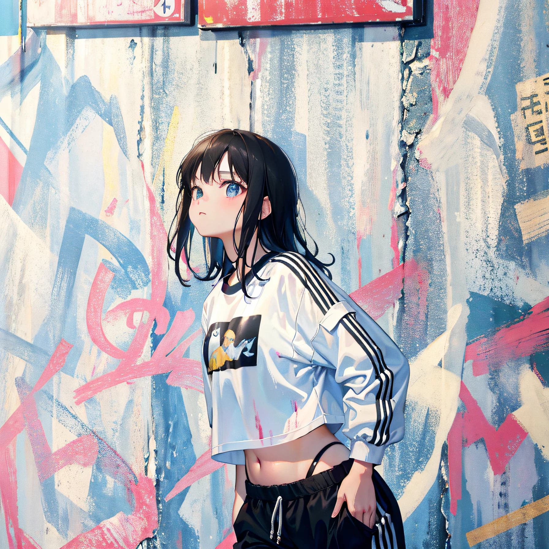 (Realistic painting style:1.0), Masterpiece, Best quality, absurderes, comic strip, illustration,
1 girl, Medium hair, Cute girl, young and cute girl, Korean girl, {Breasts}, Width 17, 
A girl in a white shirt and black shorts, Wearing track suit, croptop, trending on r/Street attire, She is seen wearing streetwear pieces, Wearing track suit, Sportswear,