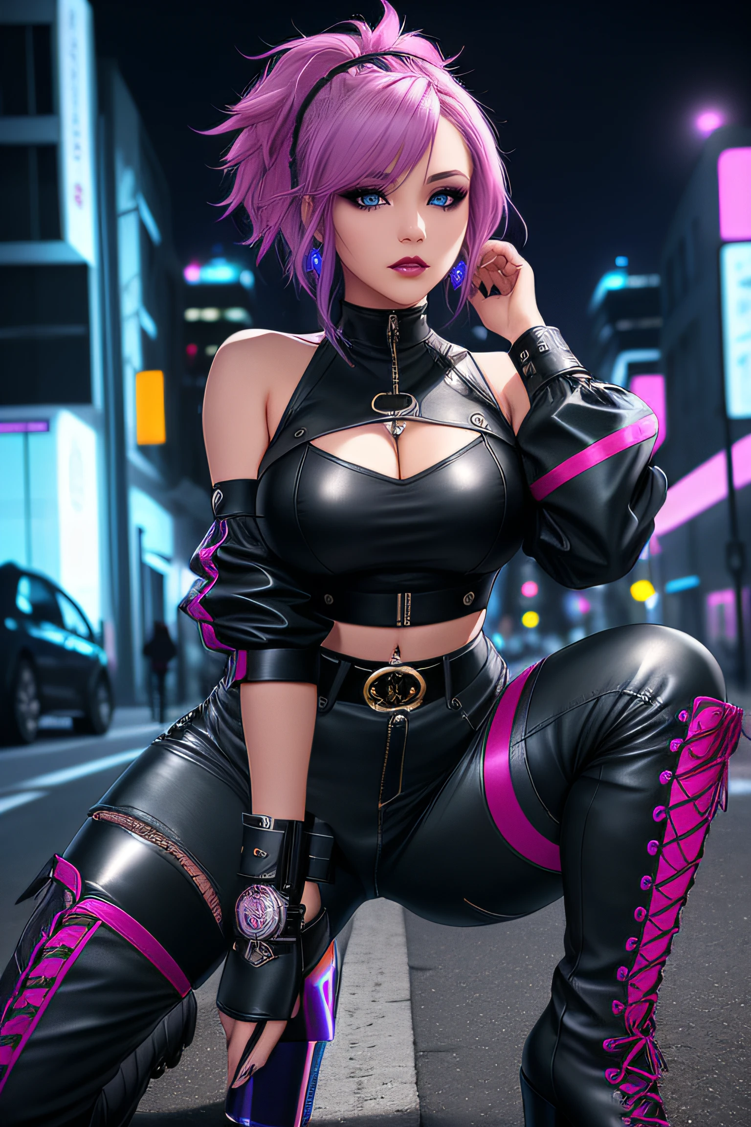 beautiful girl, full body, short bright blue magenta dishevelled hair, large blue piercing eyes, black eyeshadow, (street style wear:1.2), ((tight fitted pants)), ((knee high leather boots)), (city night background:1.2), dark makeup, digital art, trending on artstation, highly detailed, fine detail, intricate, beautiful detailed glow, detailed, Cinematic light, high-res, detailed facial features, sharp focus, smooth, aesthetic,