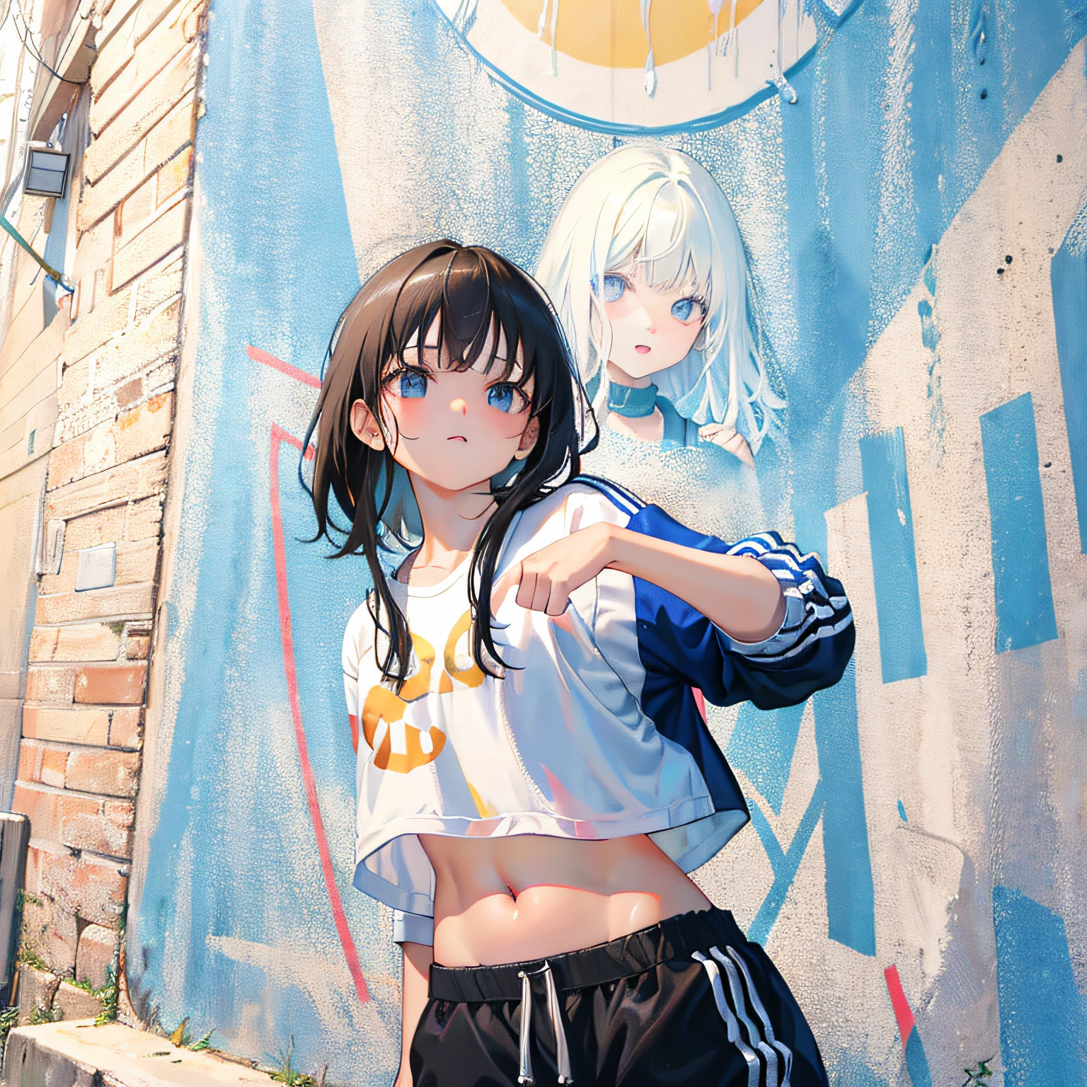 White-haired girl of medium complexion, with yellow eyes, with a black shirt with red stripes and black jean shorts