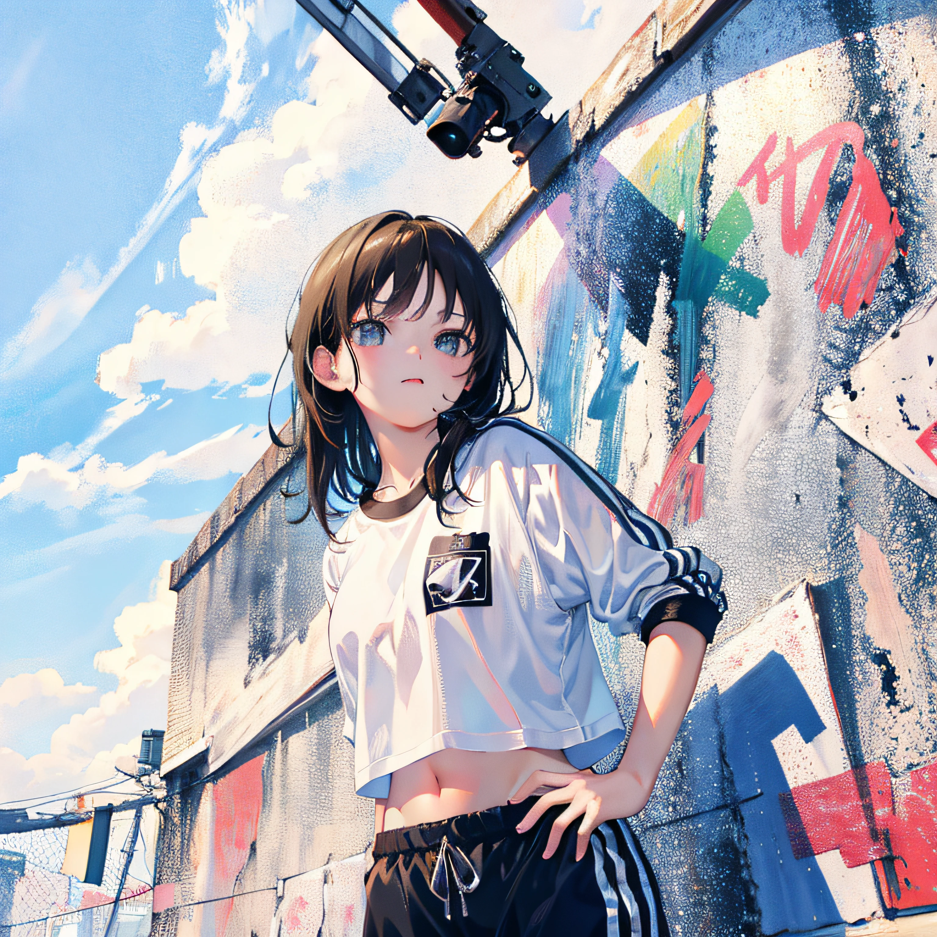 (Realistic painting style:1.0), Masterpiece, Best quality, absurderes, comic strip, illustration,
1 girl, Medium hair, Cute girl, young and cute girl, Korean girl, {Breasts}, Width 17, 
A girl in a white shirt and black shorts, Wearing track suit, croptop, trending on r/Street attire, She is seen wearing streetwear pieces, Wearing track suit, Sportswear,