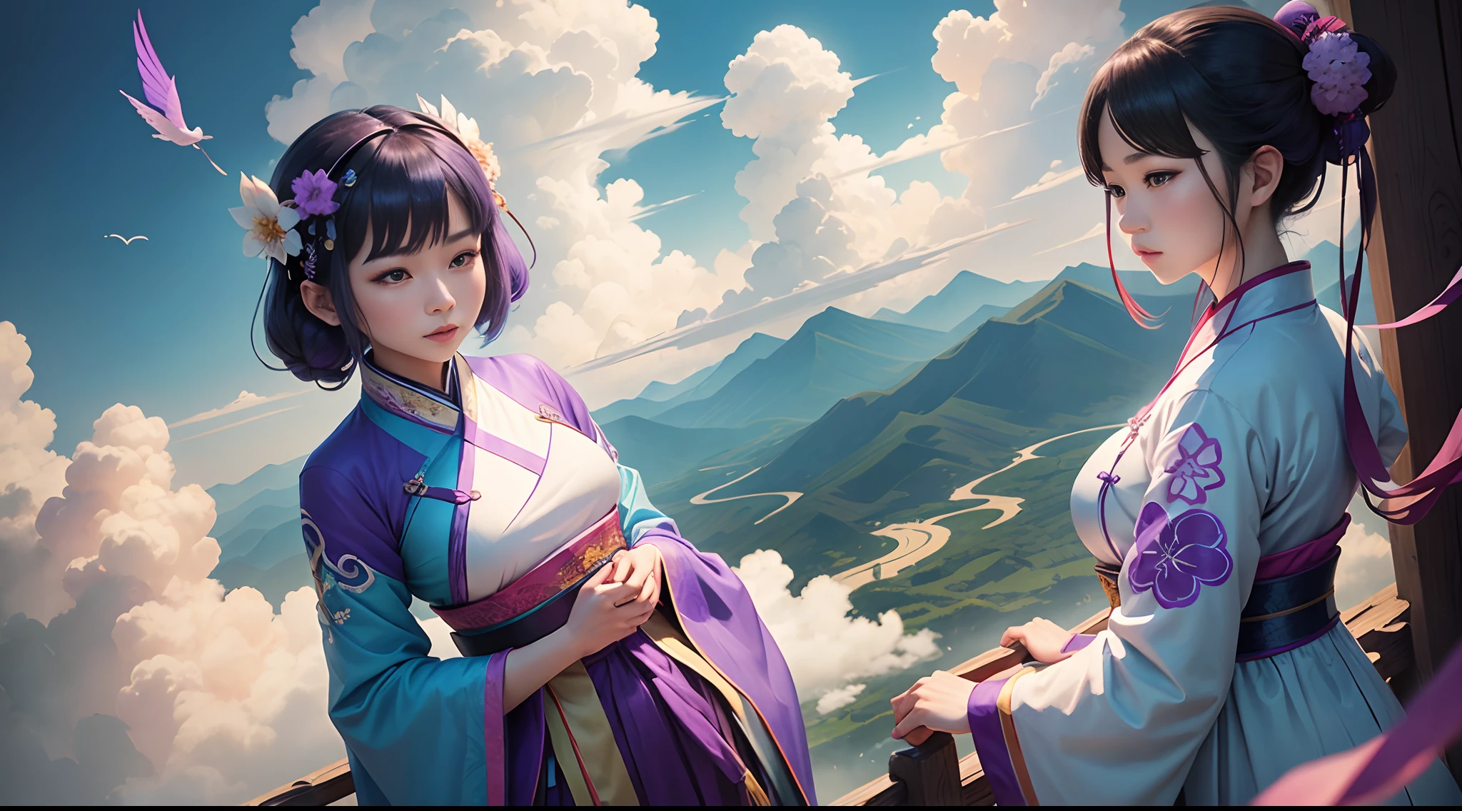 Two Asian women dressed in Hanfu robes fly in the sky,Ride on the clouds and fly,One wears a purple Hanfu,One wears a cyan Hanfu,Guviz-style artwork, Loish et WLOP, Hanfu, full bodyesbian