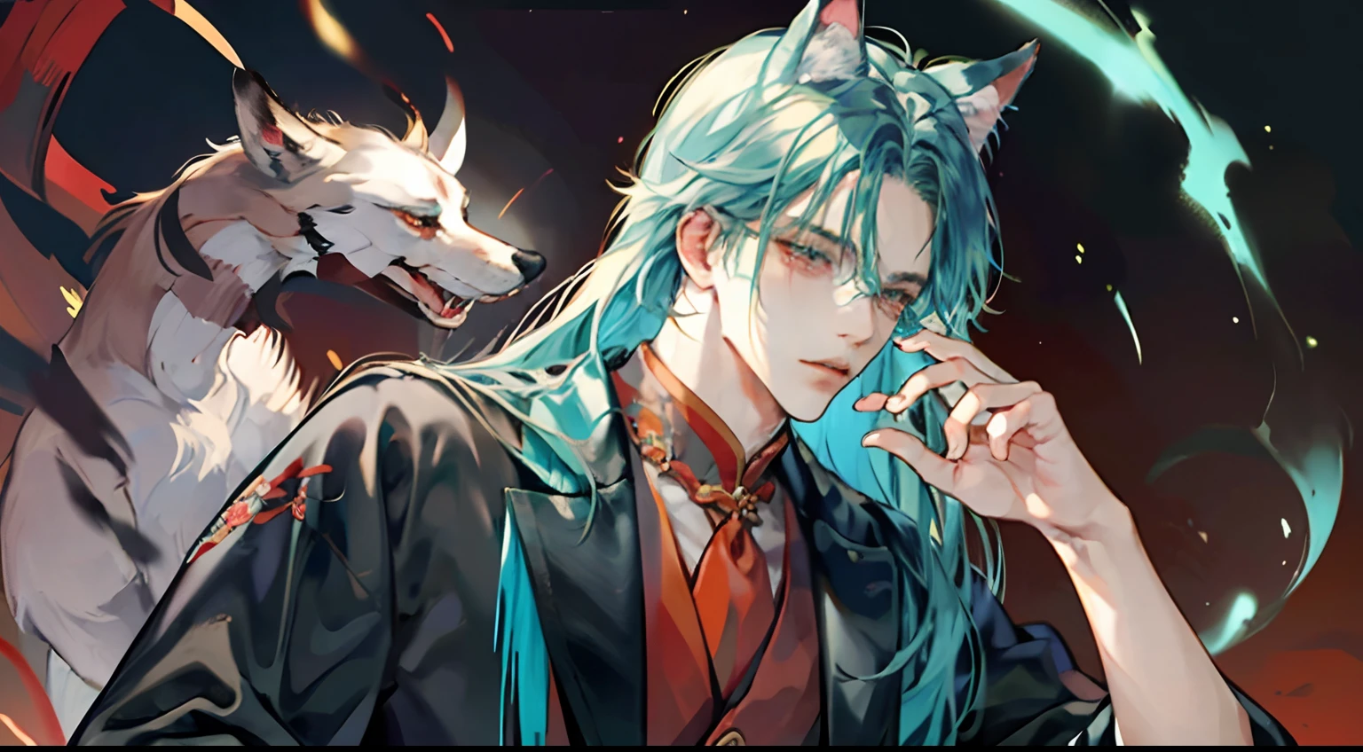 tmasterpiece,Need,A man,China-style,Chinese Ancient Times,Blue-green hair,dishiveredhair,long whitr hair,with long bangs,Handsome,virile,gentleness,large tall,A tranquil,Black robe,exteriors,cloaks,High hills,nevando, Young men,Quaint,tmasterpiece,Need,Leprechaun,red fox,Animal ears,Handsome guy,Silver,Long hair,Hair is scattered,Dark Hanfu,There are glasses on the face,Cool handsome