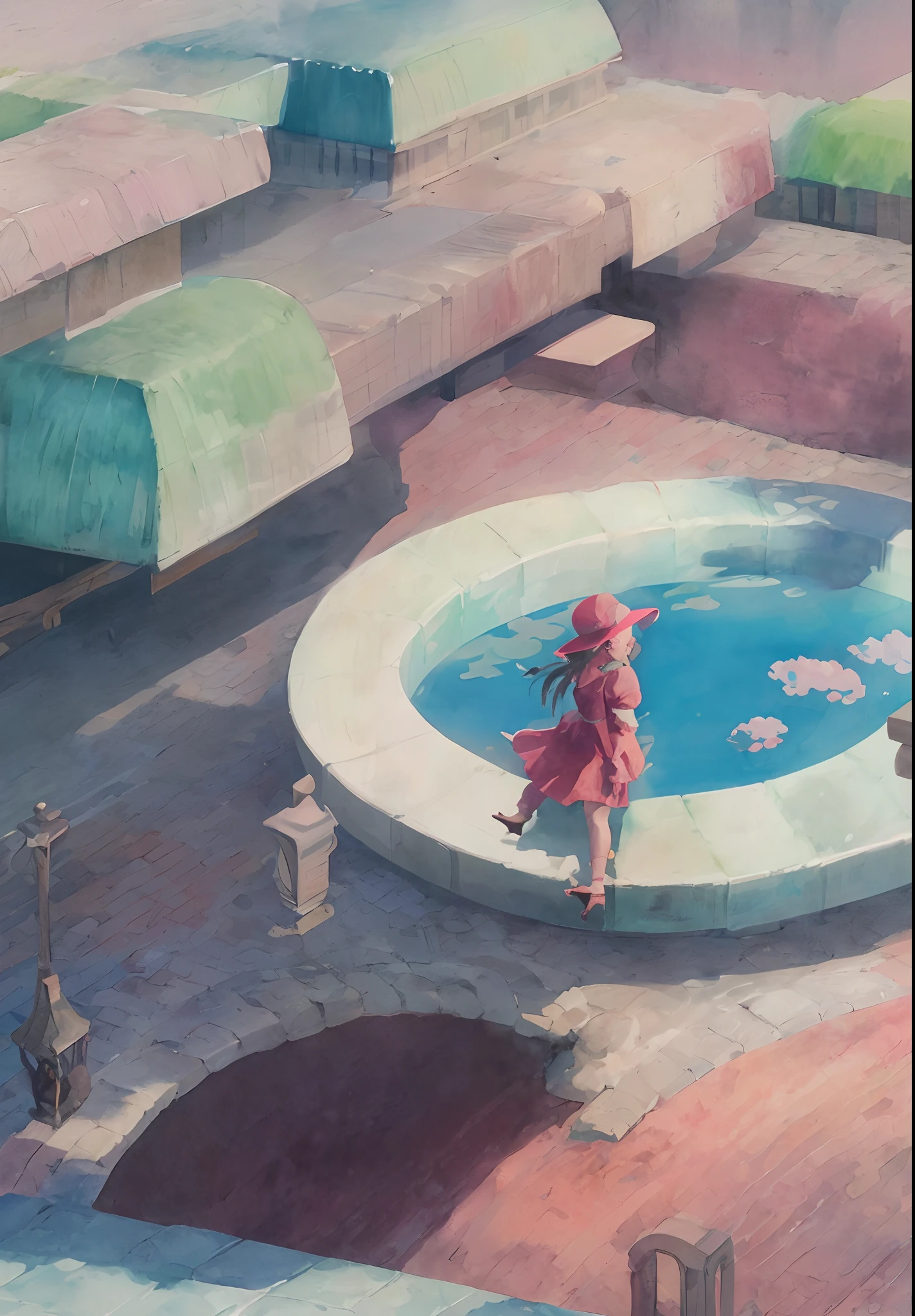 The Q version of the little girl lies on the carp,flying into the sky,the watercolor style