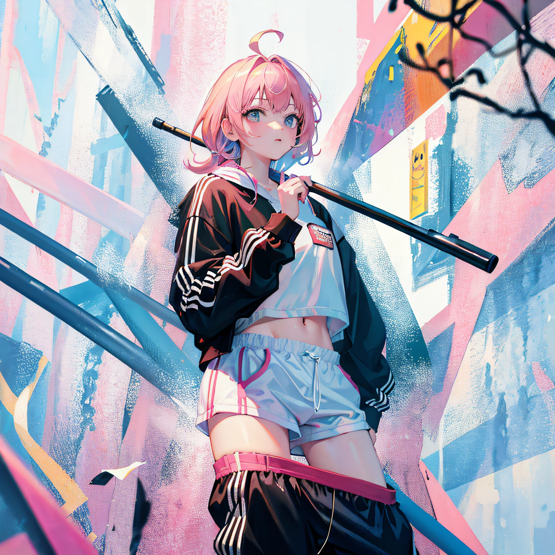 (Realistic painting style:1.0), Masterpiece, Best quality, absurderes, comic strip, illustration,
1 girl, Medium hair, Cute girl, young and cute girl, Korean girl, {Breasts}, Width 17,
A girl in a white shirt and black shorts, Wearing track suit, croptop, trending on r/Street attire, She is seen wearing streetwear pieces, Wearing track suit, Sportswear,
Pink hair, Pink hair, with pink hair, with pink hair,