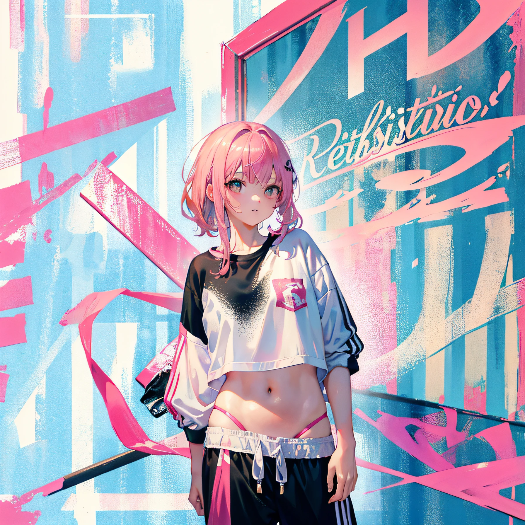 (Realistic painting style:1.0), Masterpiece, Best quality, absurderes, comic strip, illustration,
1 girl, Medium hair, Cute girl, young and cute girl, Korean girl, {Breasts}, Width 17,
A girl in a white shirt and black shorts, Wearing track suit, croptop, trending on r/Street attire, She is seen wearing streetwear pieces, Wearing track suit, Sportswear,
Pink hair, Pink hair, with pink hair, with pink hair,