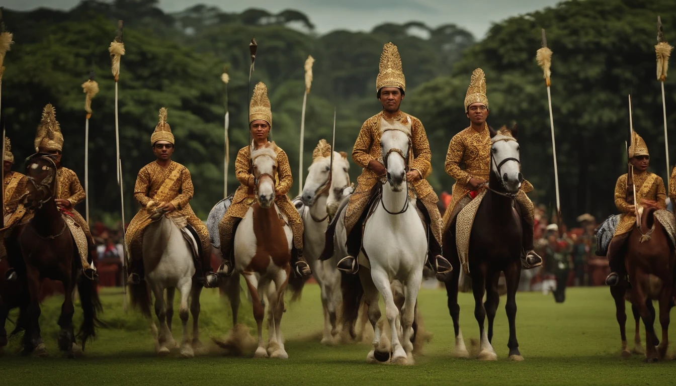 an equestrian entourage of the young Javanese king of Indonesia, handsome, arrives at the kingdom of the Javanese princess of Indonesia (traditional Javanese clothing),ancient Javanese royal palace background,dramatic lighting