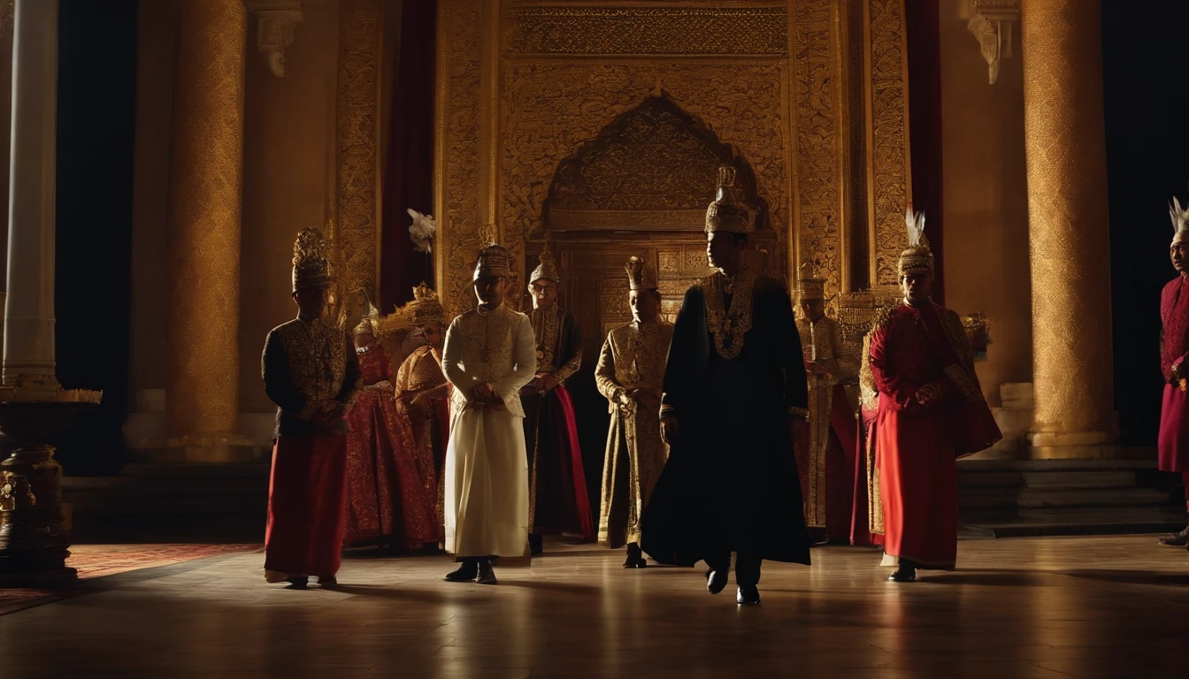 an equestrian entourage of the young Javanese king of Indonesia, handsome, arrives at the kingdom of the Javanese princess of Indonesia (traditional Javanese clothing),ancient Javanese royal palace background,dramatic lighting