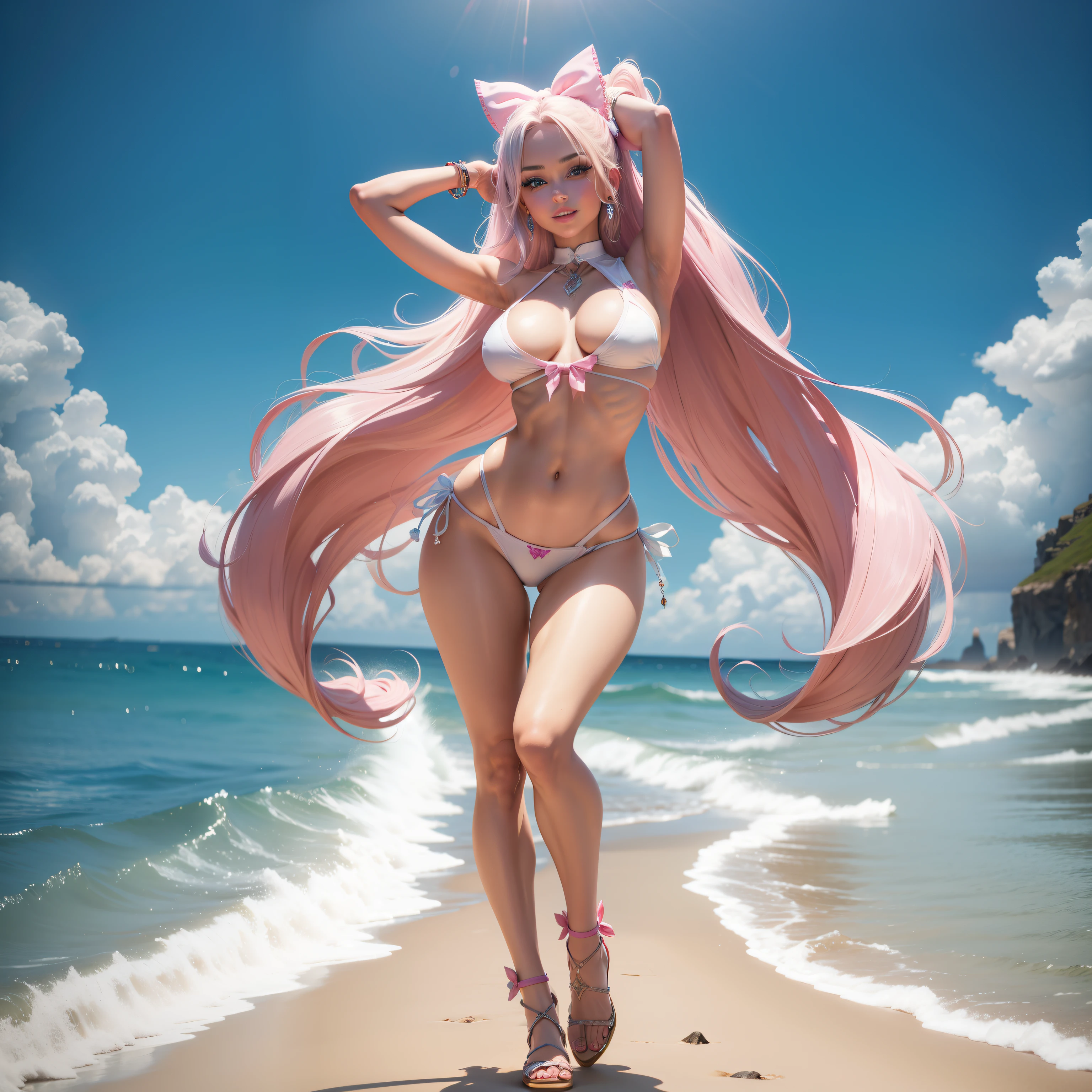 One Barbie, ((Full body)),8th class, Blue eyes, Smiling face, Hair loss swaying in the wind, Hip Hop Singer Pose, Dressed in hip-hop style,White Bikini,swarovski,pasties,With a pink bow on the arm, Fashion, Extremely high quality, high details, 8K, clean back ground, in studio, ((Full body shot)),Align your fingers neatly,Accurate Hand Modeling,wave her hand,west coast beach