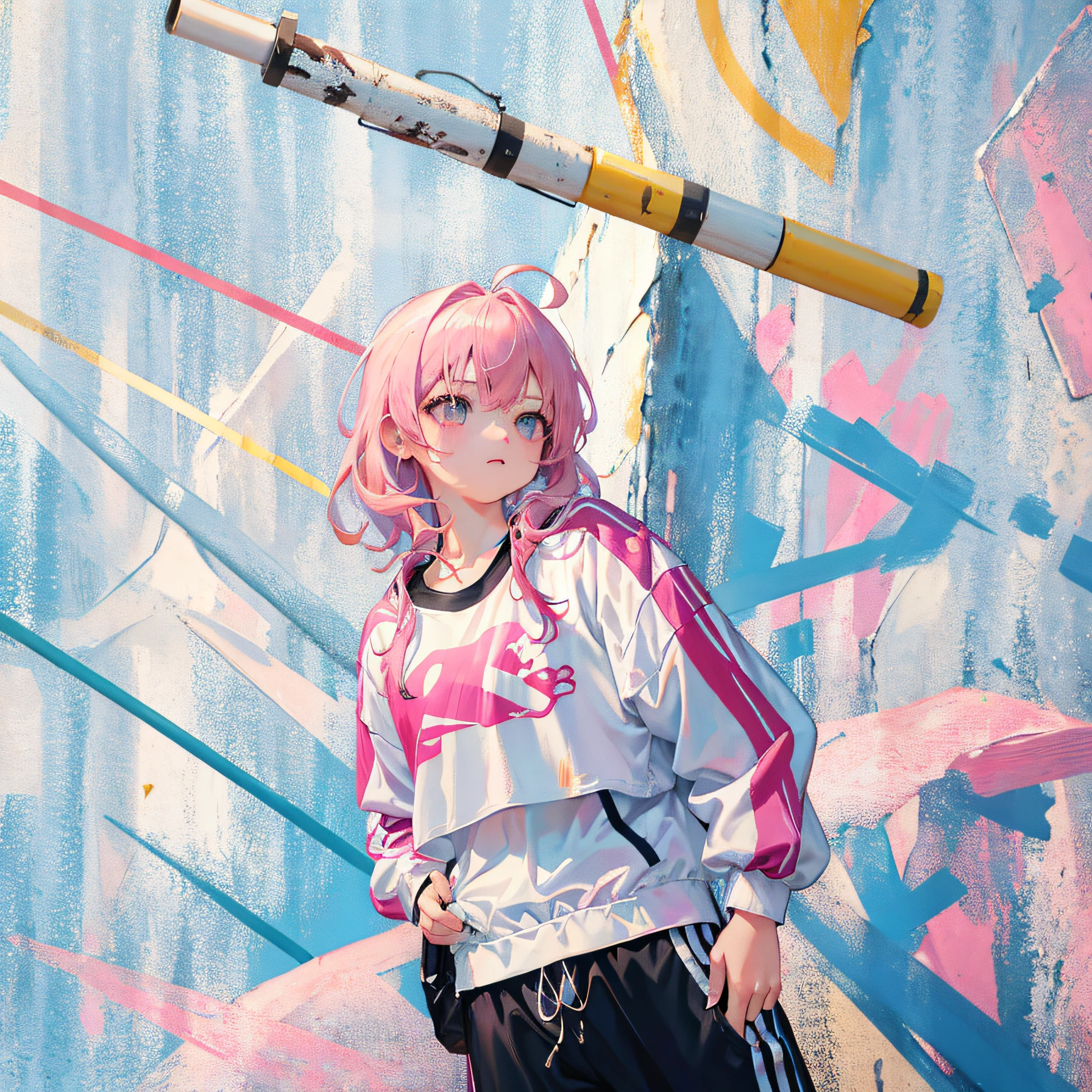 (Realistic painting style:1.0), Masterpiece, Best quality, absurderes, comic strip, illustration,
1 girl, Medium hair, Cute girl, young and cute girl, Korean girl, {Breasts}, Width 17,
A girl in a white shirt and black shorts, Wearing track suit, croptop, trending on r/Street attire, She is seen wearing streetwear pieces, Wearing track suit, Sportswear,
Pink hair, Pink hair, with pink hair, with pink hair,
