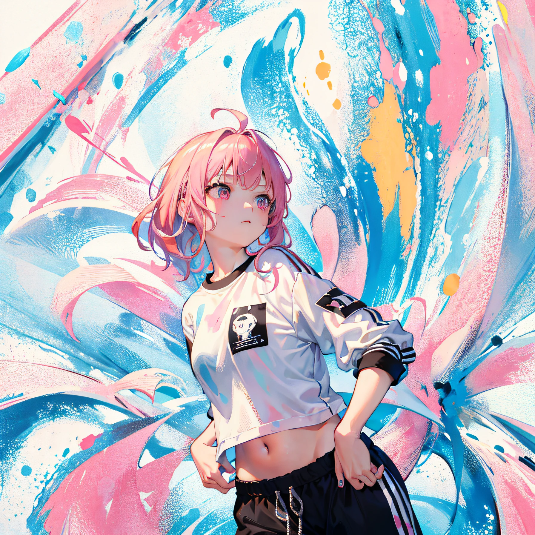 (Realistic painting style:1.0), Masterpiece, Best quality, absurderes, comic strip, illustration,
1 girl, Medium hair, Cute girl, young and cute girl, Korean girl, {Breasts}, Width 17, 
A girl in a white shirt and black shorts, Wearing track suit, croptop, trending on r/Street attire, She is seen wearing streetwear pieces, Wearing track suit, Sportswear, 
Pink hair, Pink hair, with pink hair, with pink hair,