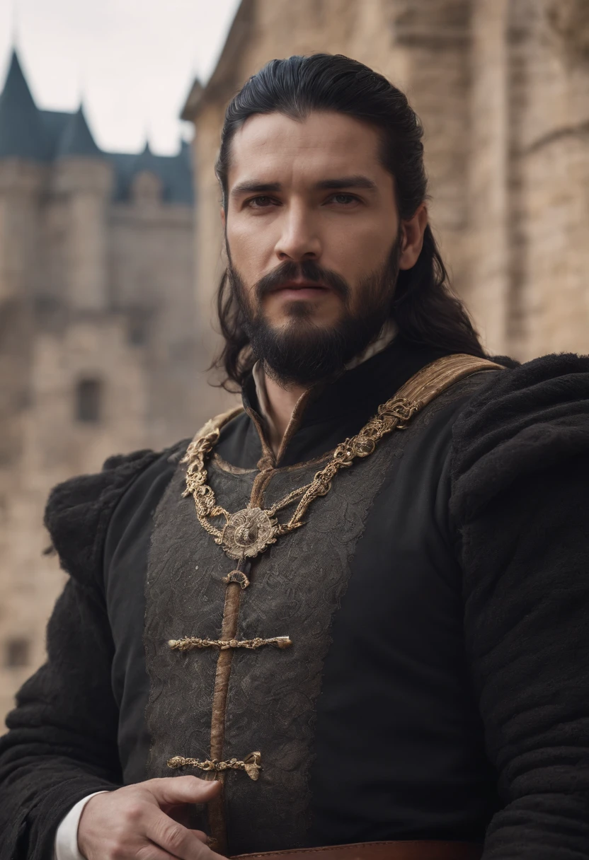Man, A king, black hair, black beard, wearing king outfit, in castle, 8k