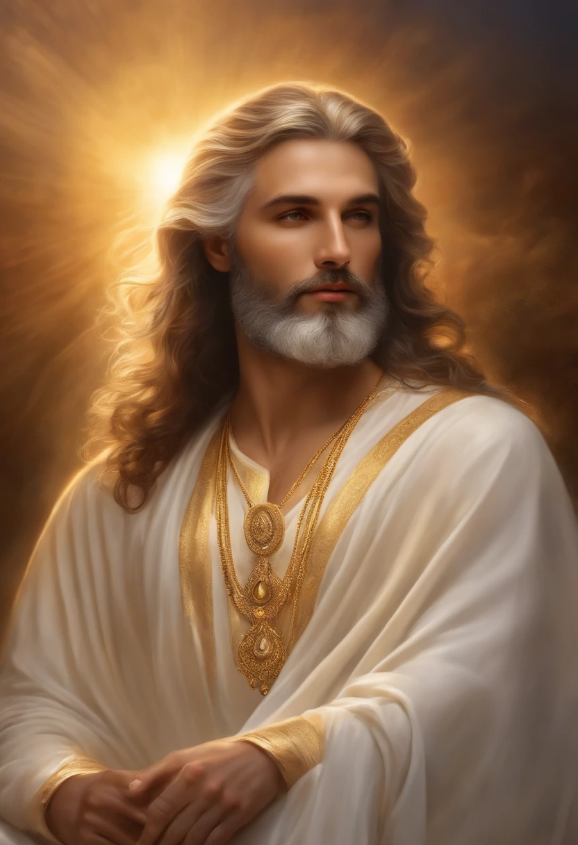 photorealistic, (hyperrealistic:1.2), handsome man, masterpiece, best quality, extremely detailed face, perfect lighting, beard, wise, graying hair, A divine and radiant man in celestial splendor, (heavenly presence:1.2), (serene expression), (majestic wings), (ethereal glow:1.1), (peaceful and comforting), (transcendent beauty), (divine grace), (symbol of purity), (golden halo), (uplifting atmosphere), (celestial realm), (spiritual enlightenment), (gentle and protective), (illuminating light:1.2), (seraphic figure), (harmony and serenity), (angelic robes), (timeless and celestial), (captivating aura), (healing and guidance) smile, looking at camera