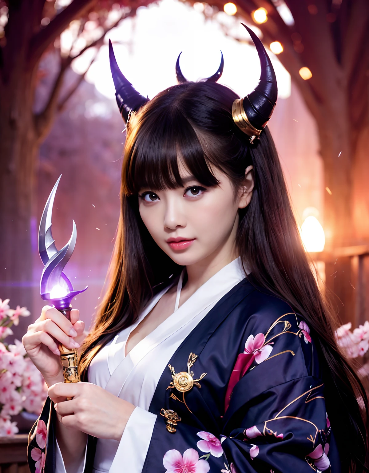 ((White ghost flies)),Professional , masterpiece、top-quality、photos realistic , depth of fields 、(Various poses)、(Background of cherry blossoms in full bloom),(Ultimate Beauty)、(A dark-haired)、(Fight ninjas)、Mystical expression、(Kimono with scary pattern)、(Night background)、((Devil's Wings Grow)),(Wear a kimono with a horror pattern),Armpit、(Wearing a beautiful kimono with colorful scary patterns)、Jewel Gold Weapon、Particles of light),(Has a devil's mask)、Gorgeous gold weapons ,Skeleton population、(( Gorgeous Dragon Sword)) , (a dark night),,(White ghost flies) 、((Black Haired Beautiful Girl))、(Castle background)、(demonic wings)、((Gangle's forest background))、Beautiful Caucasian beauty、1a person、dynamic ungle,(((Two devil's horns on the head)))、Smaller head、Idle Smile、Thin and beautiful female hands、Mystical expression、Light Effects、intense fighting、Wind-effect、magic circles、With the legendary magic wand、Dragon's tail、