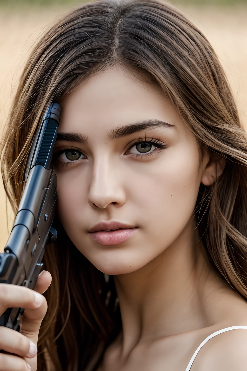 closeup shot, middle shot, cinematic camera angle, top-quality, masterpiece, 超A high resolution, Photorealistic, Raw photo, ((one beautiful women)), 22year old, Detailed face, beautiful eyes, depth of fields, field, doing shooting practice with a hand gun, looking focused to shoot, Faint lips, soft wavy hair, a sexy body, natural skin, (See the viewer's eyes), , oval face structure, almond eye type, Hazal eye color, symmetrical face, 32 inch breast size, soft wavy hair, brown hair color, mid-long hair length, pale skin color, holding a hand gun in shooting practice area