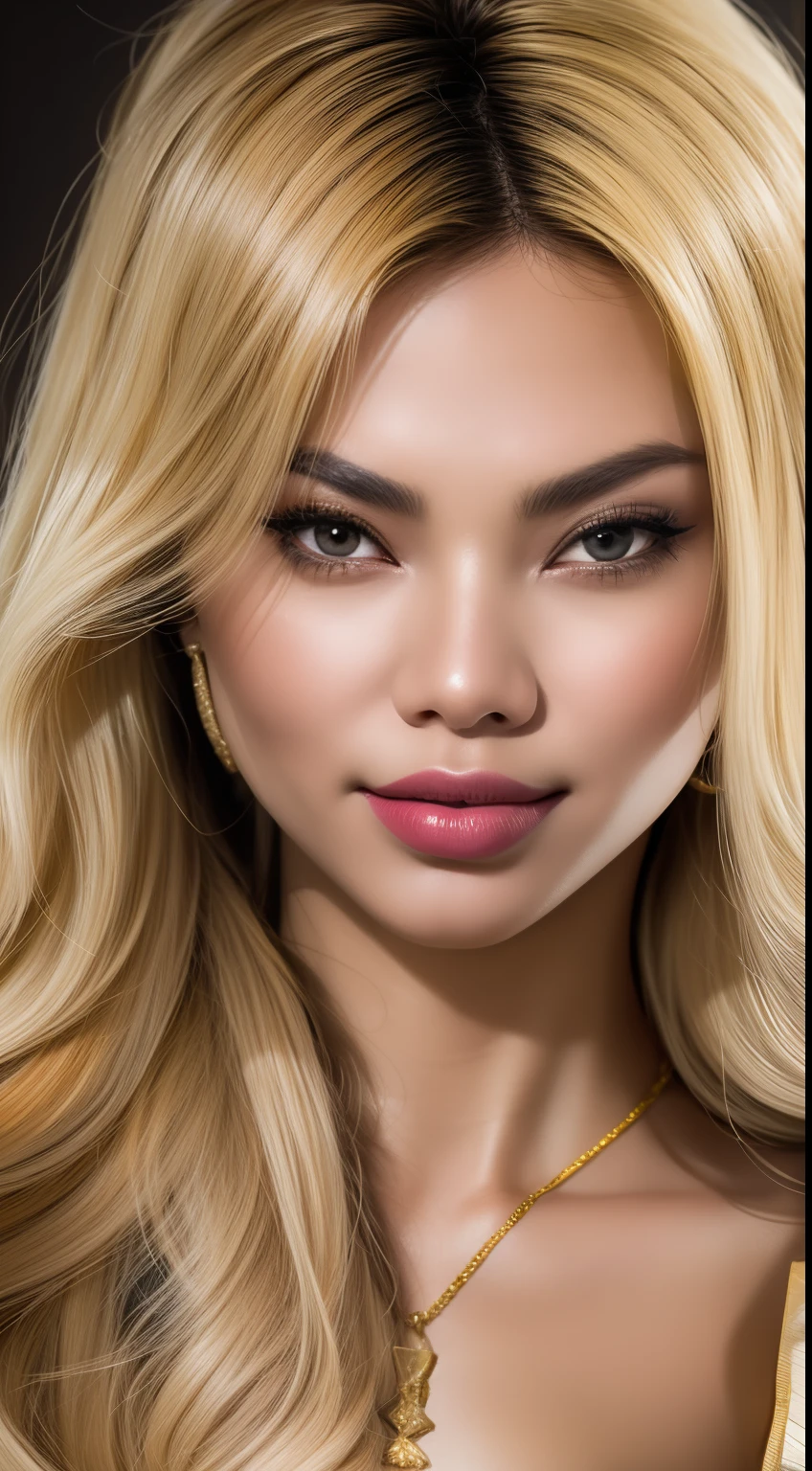 Design a sultry and glamorous portrait where the Malay woman exudes confidence and allure in a sensual outfit, long blonde hair, bob haircut with bangs, using dramatic lighting and poses to create a stunning and seductive atmosphere