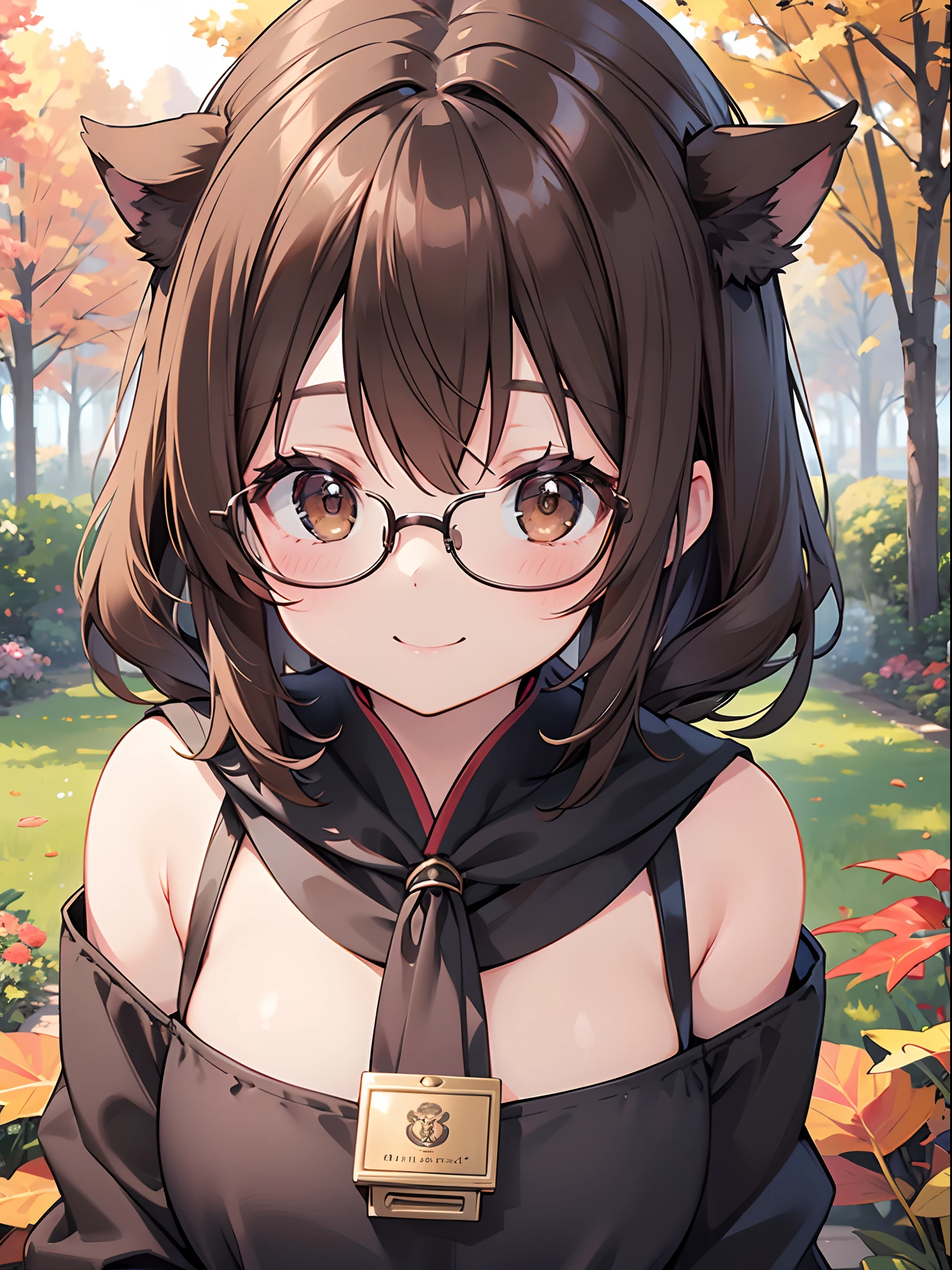 1 female、brown haired、Brown eyes、Black-rimmed glasses、seductive boobs、gorgeous faces、Perfect body。Best Quality、ultra-detailliert、8K resolution、Raw photo、masutepiece。Autumn landscape。a smile。