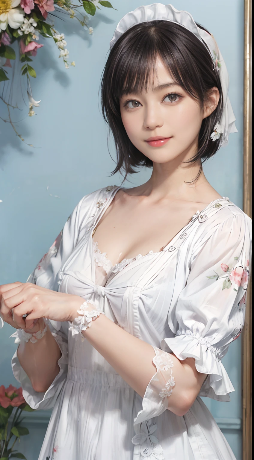 03
(Black Shorthair:1.3), (a 20 yo woman), (A hyper-realistic), (masutepiece), (8KUHD), Beautiful woman, A smile, (Wearing white maid clothes:1.3), (Floral Maid Clothing:1.2)