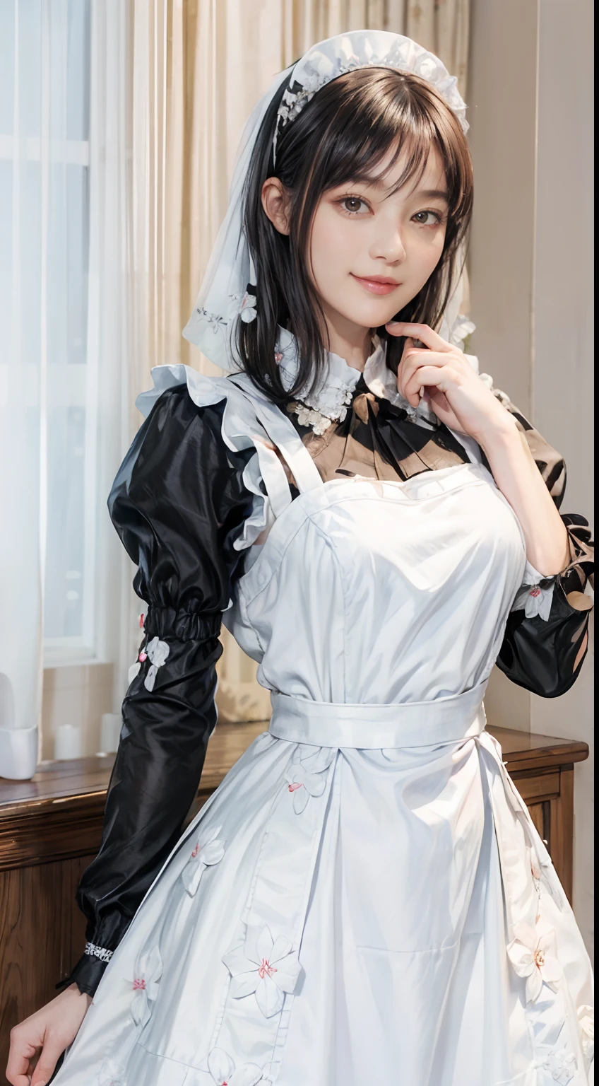 03
(Black Shorthair:1.3), (a 20 yo woman), (A hyper-realistic), (masutepiece), (8KUHD), Beautiful woman, A smile, (Wearing white maid clothes:1.3), (Floral Maid Clothing:1.2)