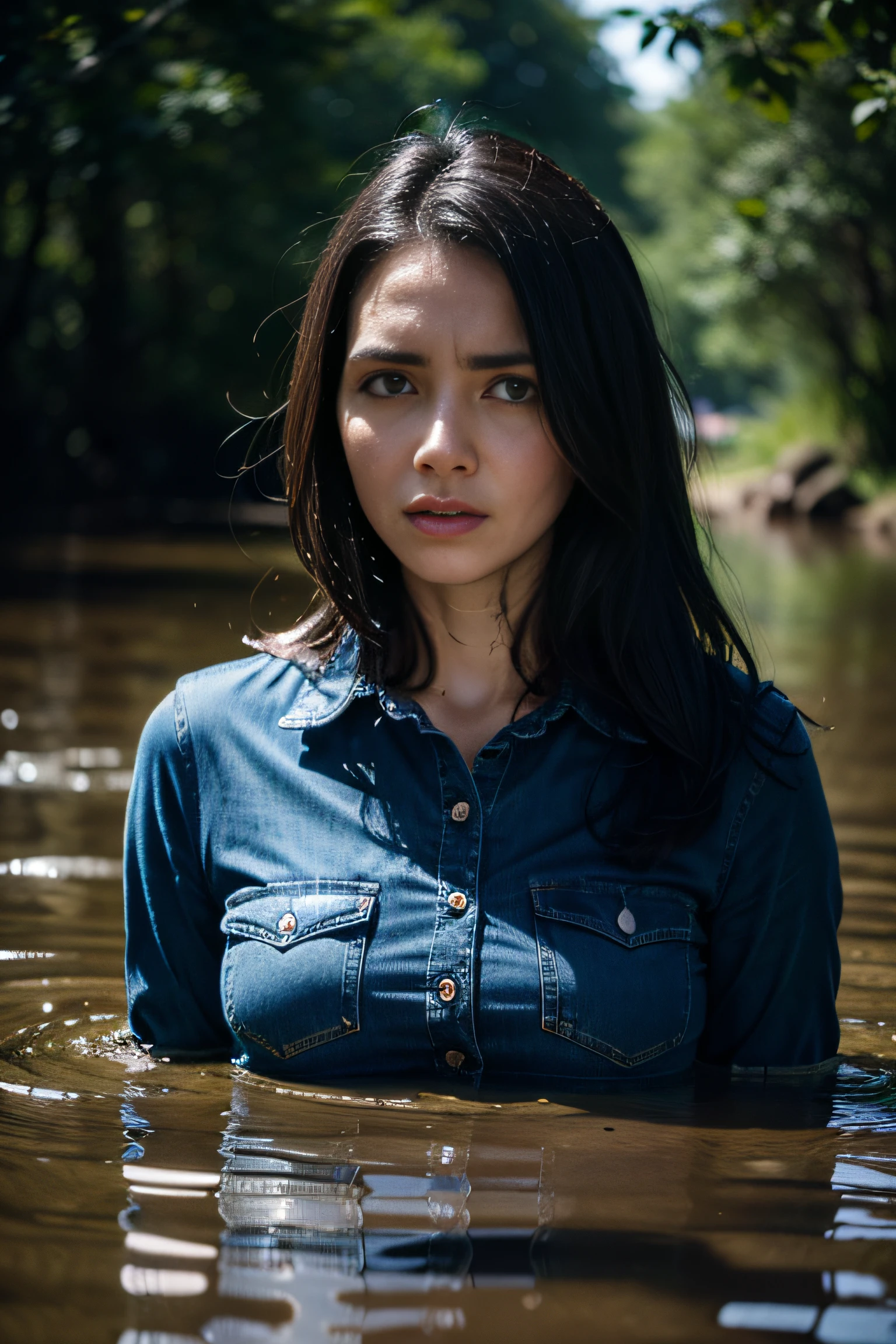(best quality,4k,highres,masterpiece:1.2),ultra-detailed,realistic:1.37,a woman in distress,marshy background,misty atmosphere,wet environment,swampy area,water reflections,detailed facial expression,worried eyes,pale skin,long wavy hair,struggling hands,splashing water,ripples,ripples in water's surface,mud stains on jeans,damp blouse,quicksand sinking,emotional turmoil,drowning fear,sadness,dark color tones,mysterious lighting,desperate situation,dangerous setting,tragic scene,artistic portrait,landscape painting