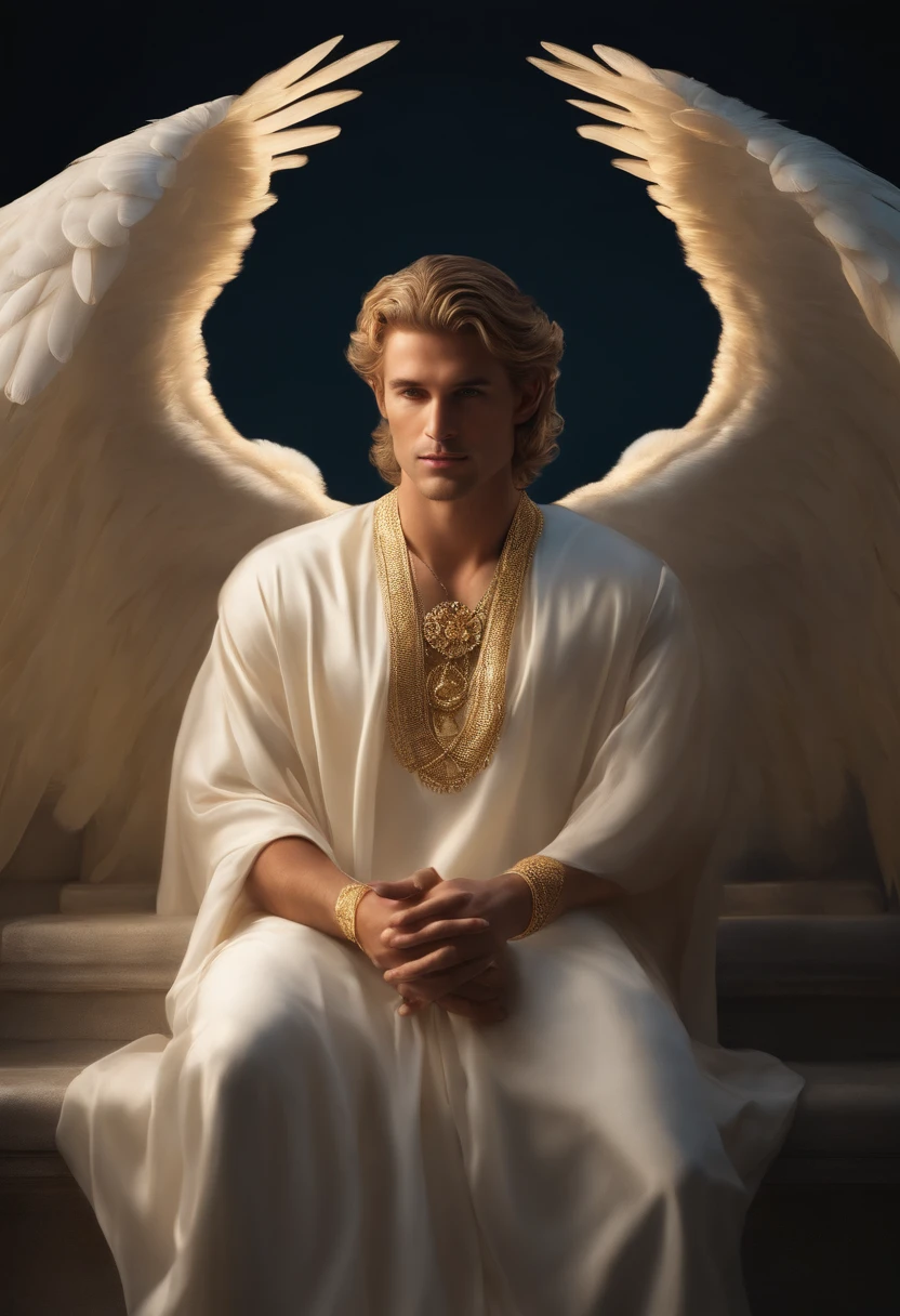photorealistic, (hyperrealistic:1.2), handsome white man, masterpiece, best quality, extremely detailed face, perfect lighting, nice hands, perfect hands, A divine and radiant man in celestial splendor, (heavenly presence:1.2), (serene expression), (majestic wings), (ethereal glow:1.1), (peaceful and comforting), (transcendent beauty), (divine grace), (symbol of purity), (golden halo), (uplifting atmosphere), (celestial realm), (spiritual enlightenment), (gentle and protective), (illuminating light:1.2), (seraphic figure), (harmony and serenity), (angelic robes), (timeless and celestial), (captivating aura), (healing and guidance) white man, low taper fade man bun, blonde hair, facial stubble, smile,looking at camera