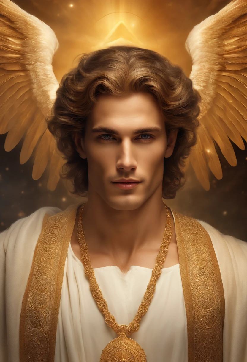 photorealistic, (hyperrealistic:1.2), handsome white man, masterpiece, best quality, extremely detailed face, perfect lighting, nice hands, perfect hands, A divine and radiant man in celestial splendor, (heavenly presence:1.2), (serene expression), (majestic wings), (ethereal glow:1.1), (peaceful and comforting), (transcendent beauty), (divine grace), (symbol of purity), (golden halo), (uplifting atmosphere), (celestial realm), (spiritual enlightenment), (gentle and protective), (illuminating light:1.2), (seraphic figure), (harmony and serenity), (angelic robes), (timeless and celestial), (captivating aura), (healing and guidance) white man, low taper fade man bun, blonde hair, facial stubble, smile,looking at camera