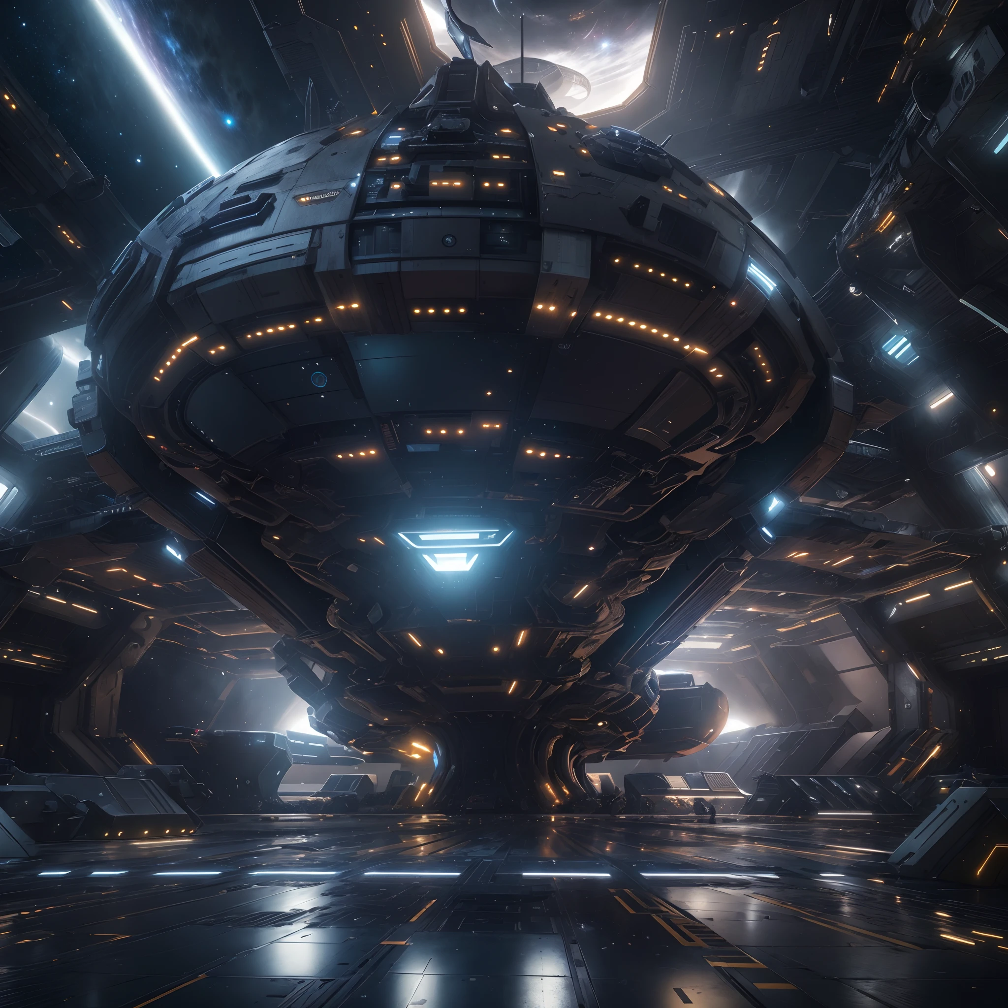 A huge spaceship,full bodyesbian，Solo，Spaceships in the Avengers，seen from outside，(multiple lighting sources:1.5),Detailed hull details,Cosmic galaxy background,Escaped spaceship,((Best quality)), ((Masterpiece)), (Epic composition:1.2), (unreal 5 render:1.1)