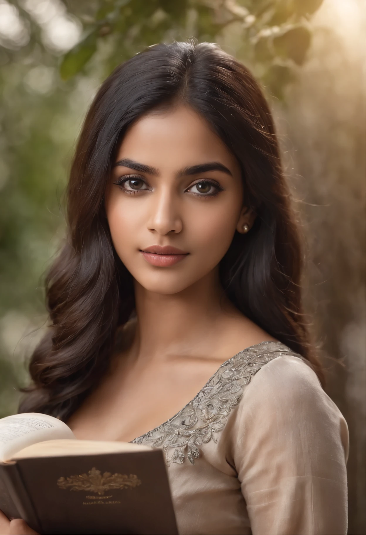panoramic long shot of a beautiful young south Indian girl, 18-year-old, black top, gentle lighting, reading a book, intricate facial details, flawless complexion, top-notch 3D rendering, hyper-realistic, dynamic pose, old classic , wavy black hair, 50s pin up style, intricate, detailed, DSLR camera , 8K UHD, deep blacks, post processing, nubian nose, protruding teeth, looking down. Symmetrical face. Symmetrical eyes