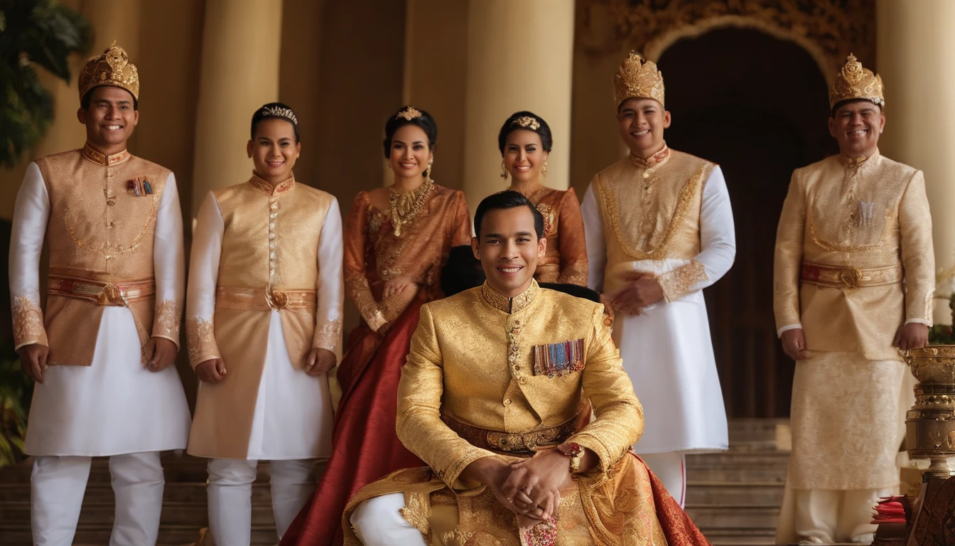 an equestrian entourage of the young Javanese king of Indonesia, handsome, arrives at the kingdom of the Javanese princess of Indonesia (traditional Javanese clothing),ancient Javanese royal palace background,dramatic lighting,(Joyfully, they conveyed their king's proposal, and the princess's father, with a heart full of happiness, accepted it. This news reached the young king, filling him with joy)