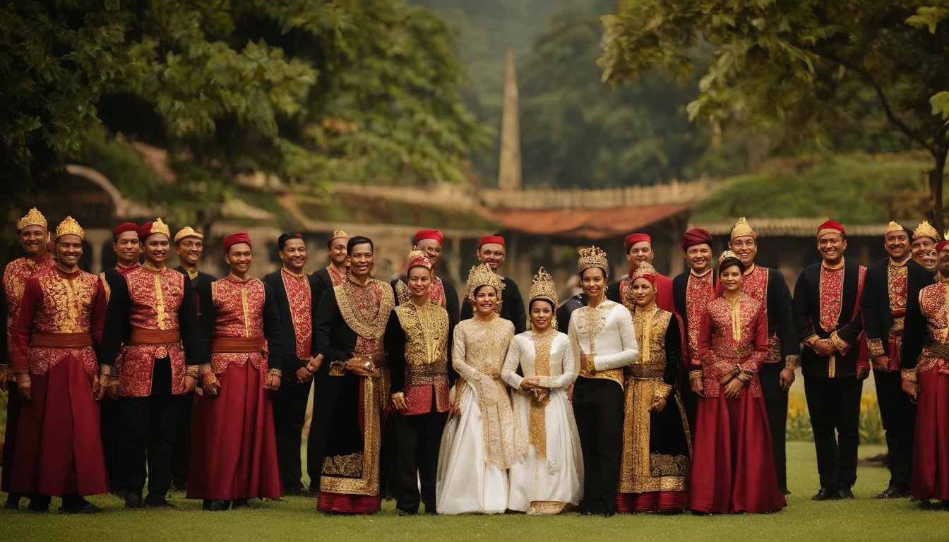 an equestrian entourage of the young Javanese king of Indonesia, handsome, arrives at the kingdom of the Javanese princess of Indonesia (traditional Javanese clothing),ancient Javanese royal palace background,dramatic lighting,(Joyfully, they conveyed their king's proposal, and the princess's father, with a heart full of happiness, accepted it. This news reached the young king, filling him with joy)