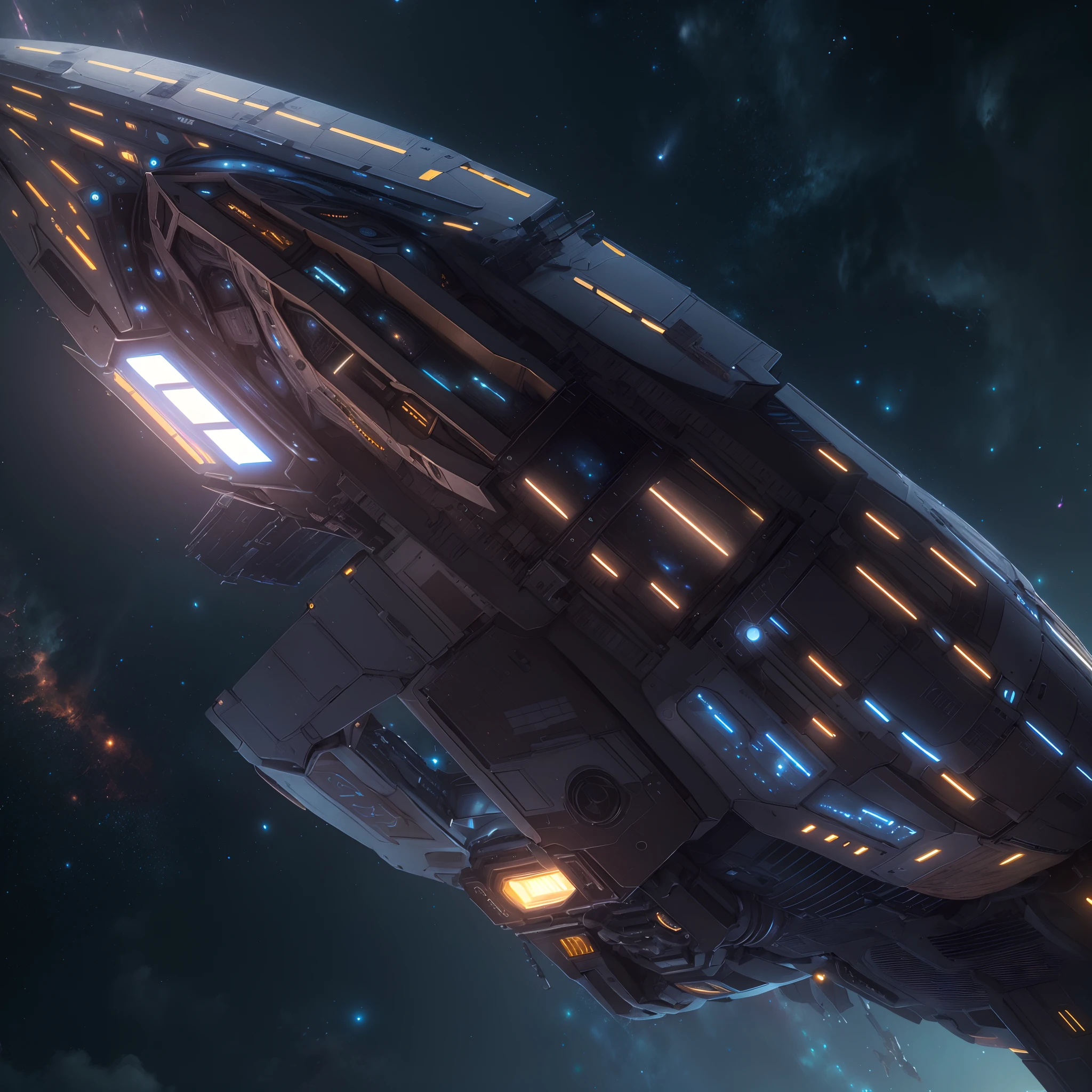 A huge spaceship,full bodyesbian,Solo,Spaceships in the Avengers,seen from outside,(multiple lighting sources:1.5),Detailed hull details,Cosmic galaxy background,Escaped spaceship,((Best quality)), ((Masterpiece)), (Epic composition:1.2), (unreal 5 render:1.1)