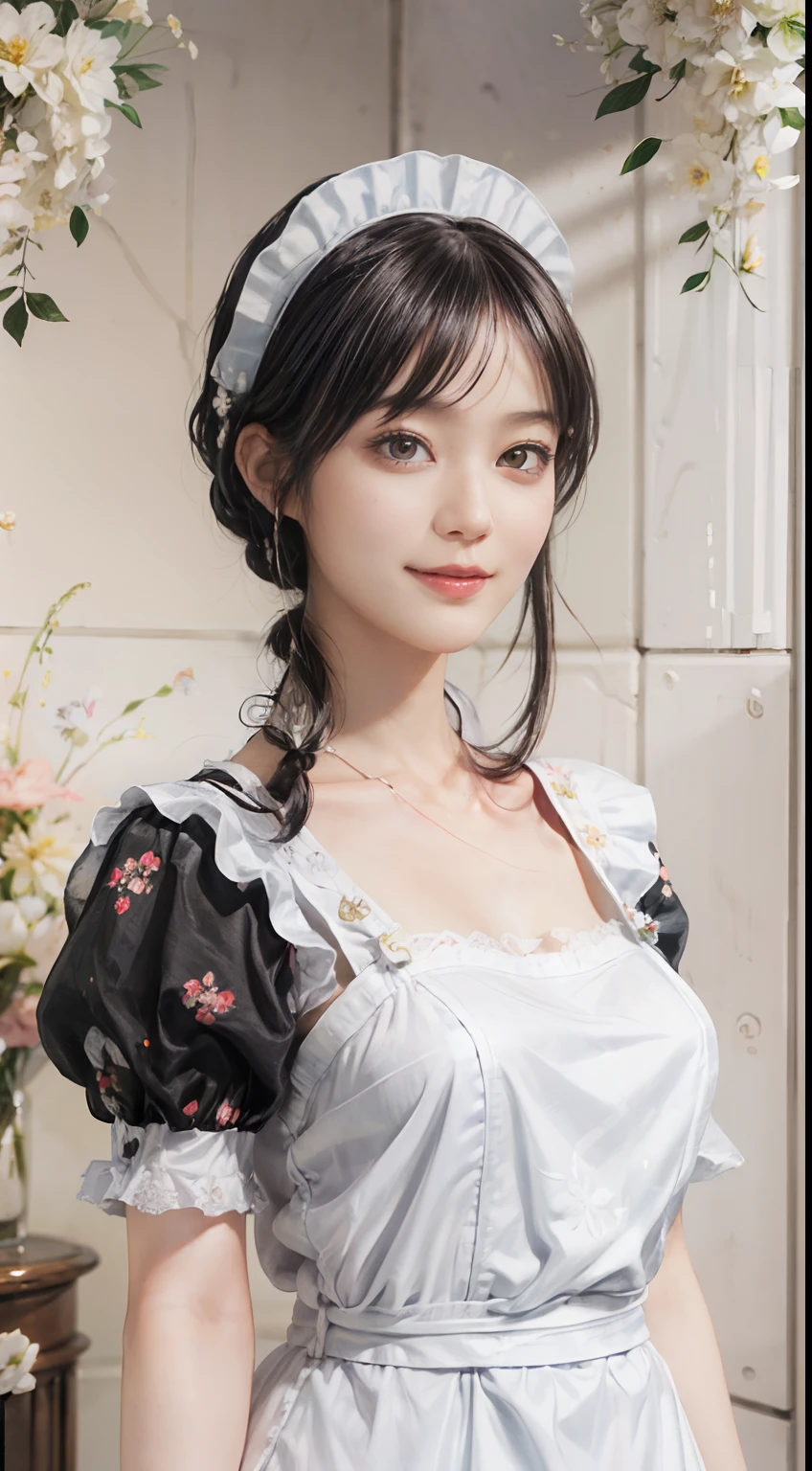 03
(Black Shorthair:1.3), (a 20 yo woman), (A hyper-realistic), (masutepiece), (8KUHD), Beautiful woman, A smile, (Wearing white maid clothes:1.3), (Floral Maid Clothing:1.2)