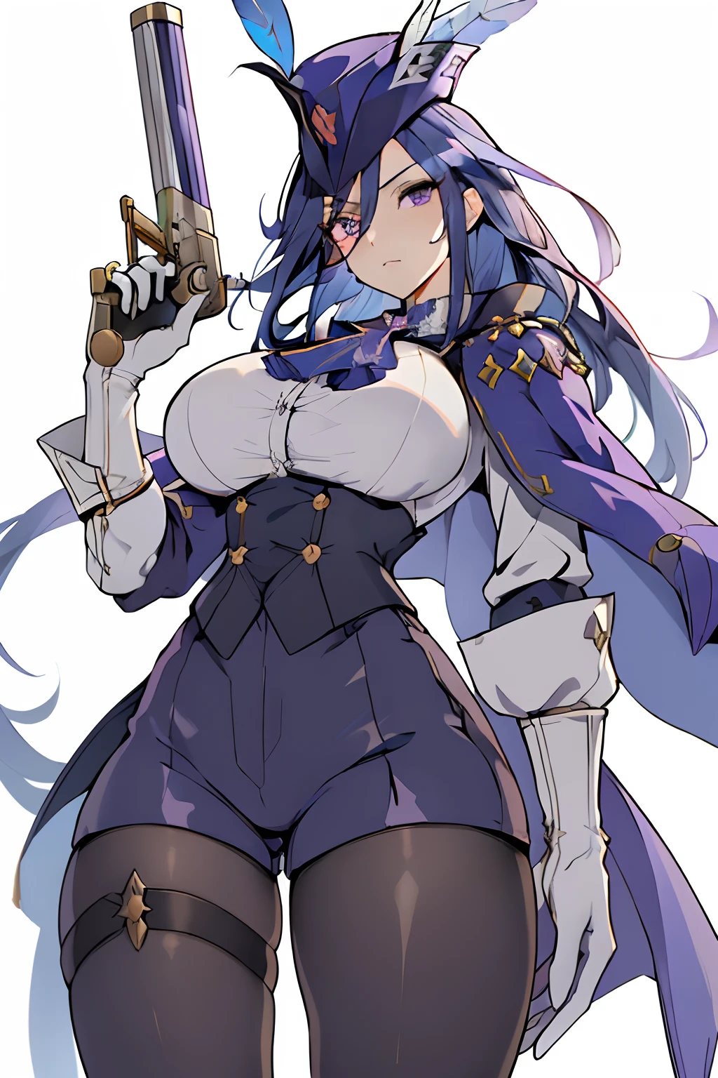 (masterpiece, best quality:1.3), clorinde, 1girl, weapon, solo, gun, long hair, hat, holding, gloves, breasts, white gloves, purple eyes, blue hair, holding gun, hat feather, pantyhose, looking at viewer, thigh strap, ascot, shirt, large breasts, shorts, cowboy shot, long sleeves, cape,