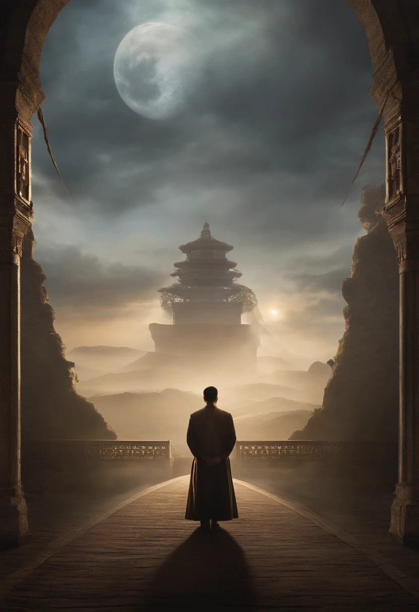 Wide world。It depicts a figure standing in the middle。The man is freed from yesterday's bondage、We are moving towards the uncharted territory of the future opening。The road is curved、The unseen prospect is at hand。At his feet is a bridge to a new path.、There is a lamp that symbolizes hope for the future.。Behind it is a thin symbol,Represents the past.、This illuminated his new journey。。