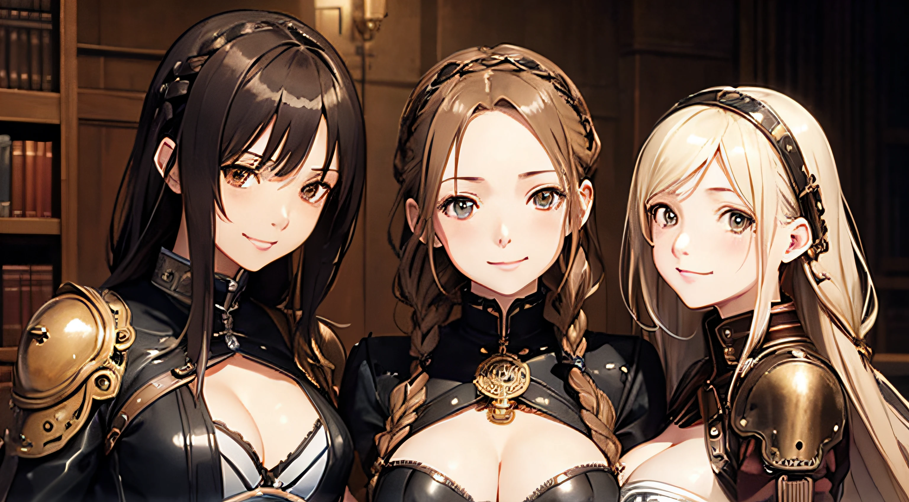 steampunk, three beautiful girls hugging, smiling, range murata, last exile, flowing hair, braided hair, steampunk headdresses, hair decorations, ship, leather metal and cloth clothing, cleavage,