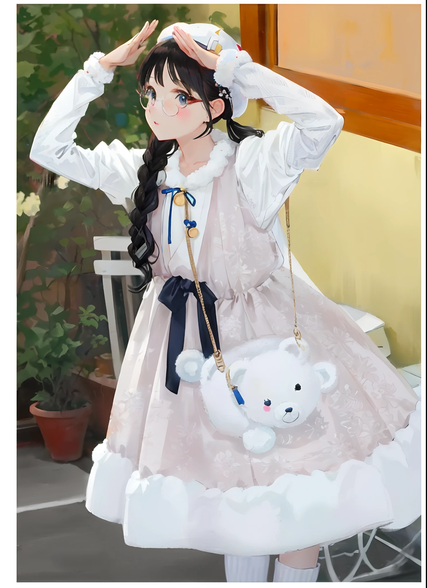 araffe girl in a white dress and a white teddy bear bag, white beret hat, (round circle glasses:1.1), dressed with long fluent clothes, white puffy outfit, multilayered outfit, japanese clothes, soft cute colors, designed for cozy aesthetics!, dreamy style, with white fluffy fur, female furry mini cute style, white hime cut hairstyle, loli in dress, lolita style, rococo ruffles dress
