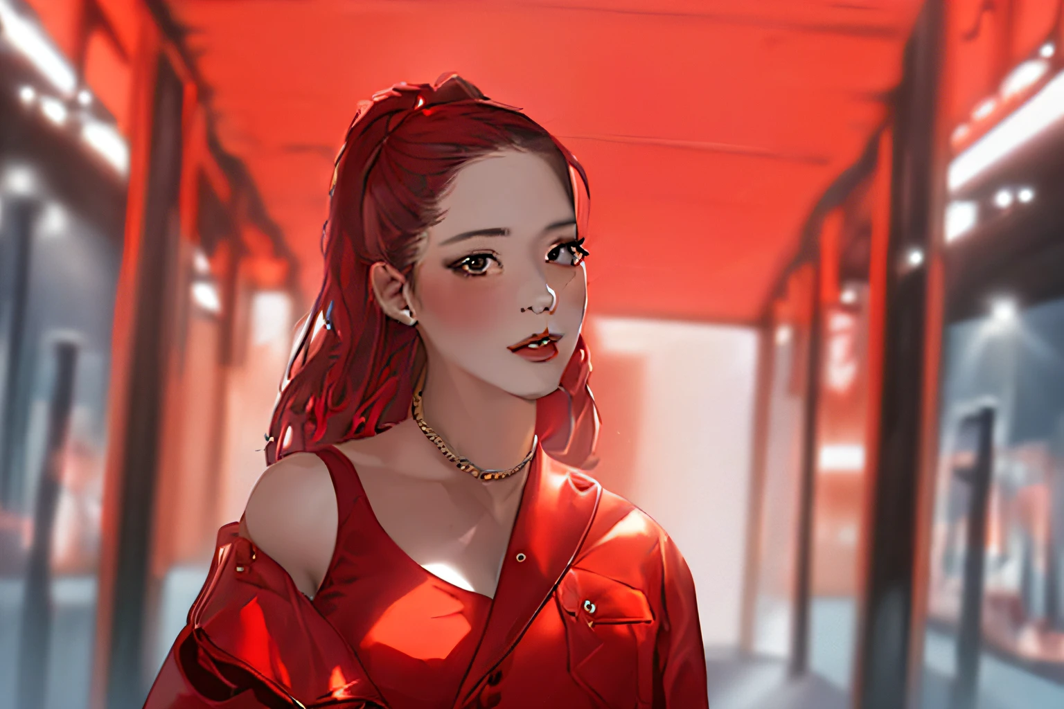 (a girl in a red jacket,a Korean idol,anime), (best quality,4k,8k,highres,masterpiece:1.2), ultra-detailed, realistic:1.37, portraits, vibrant colors, soft lighting, beautiful detailed eyes, beautiful detailed lips, stylish outfit, confident expression, cute pose, energetic atmosphere, dreamy background scenery.