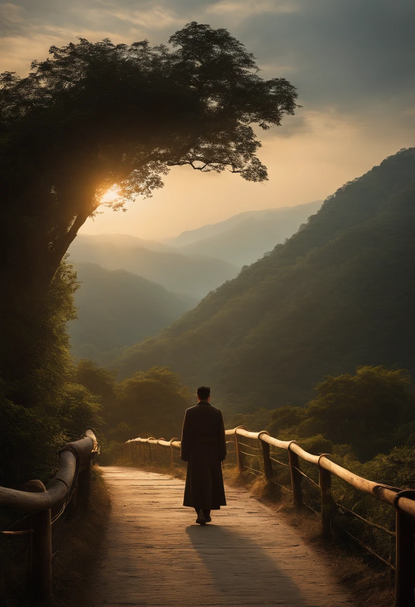 Wide world。It depicts a figure standing in the middle。The man is freed from yesterday's bondage、We are moving towards the uncharted territory of the future opening。The road is curved、The unseen prospect is at hand。At his feet is a bridge to a new path.、There is a lamp that symbolizes hope for the future.。Behind it is a thin symbol,Represents the past.、This illuminated his new journey。。
