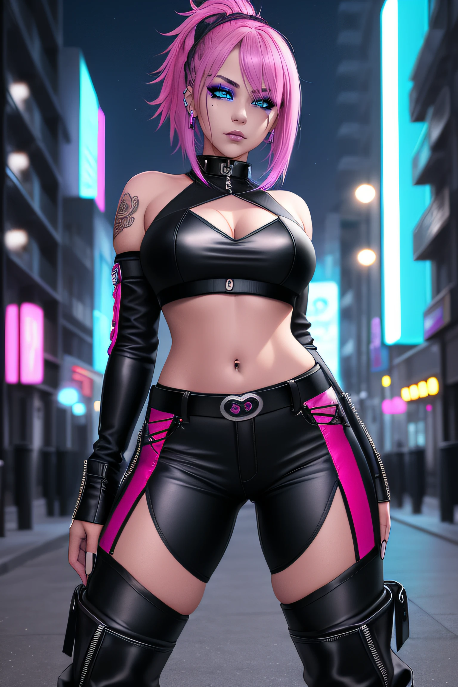 beautiful girl, full body, short bright cyan and magenta dishevelled hair, large blue piercing eyes, black eyeshadow, (street style wear:1.2), ((tight fitted pants)), ((knee high leather boots)), (city night background:1.2), dark makeup, digital art, trending on artstation, highly detailed, fine detail, intricate, beautiful detailed glow, detailed, Cinematic light, high-res, detailed facial features, sharp focus, smooth, aesthetic,