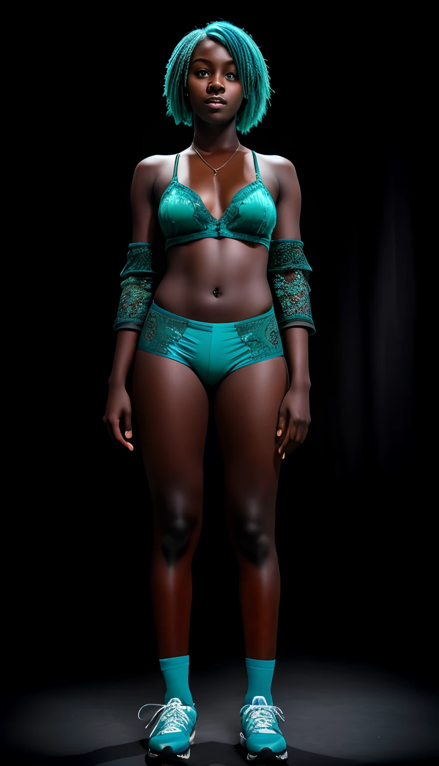 (8k, RAW photo, highest quality), (1 girl), beautiful young ebony girl, Dark skin, , teal hair, teal eyes, smile, close up, (detailed eyes:0.8), (looking at the camera:1.4), (highest quality), (best shadow), intricate details, interior, dark studio, muted colors, (to8contrast style),