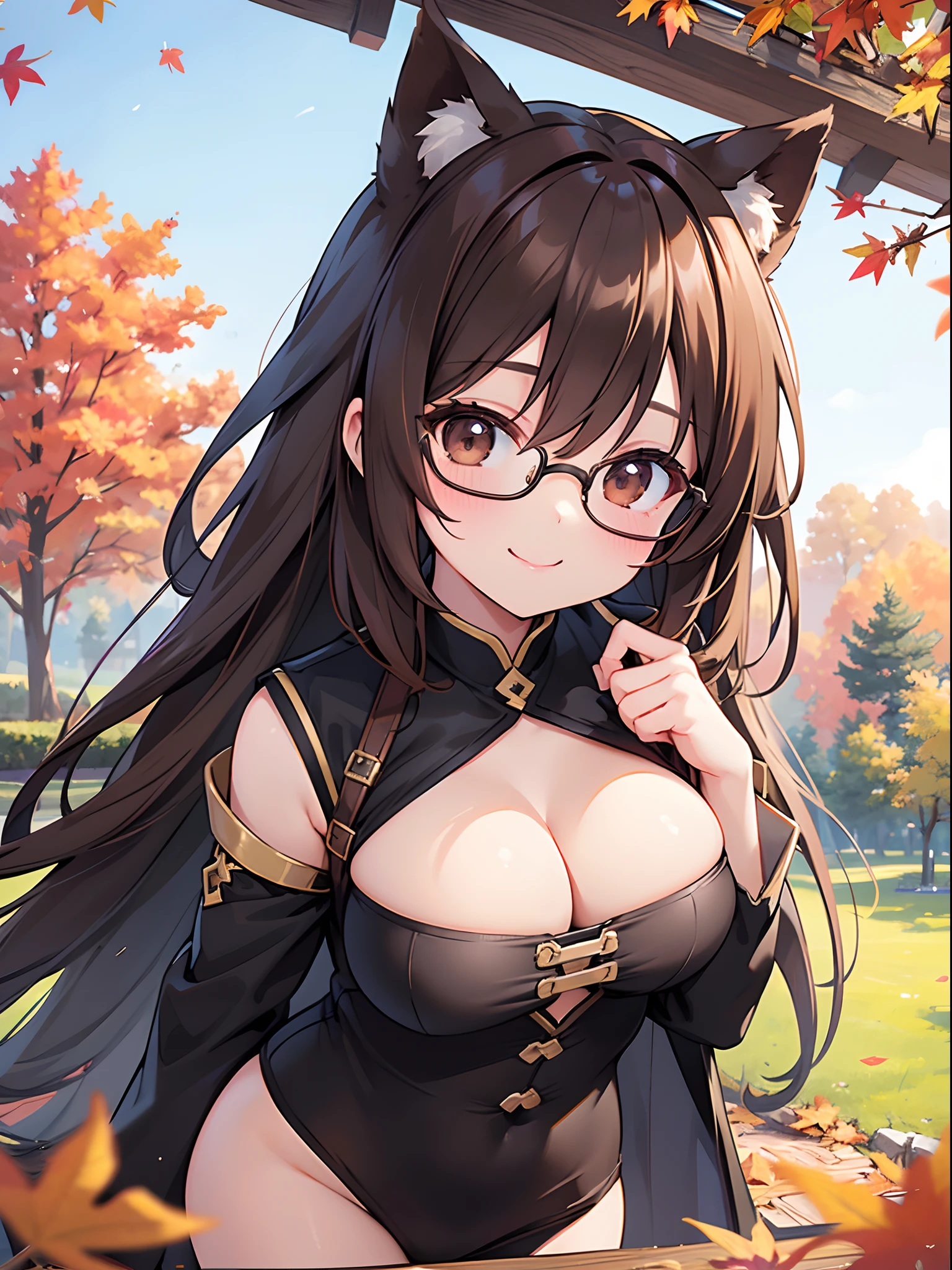 1 female、brown haired、Brown eyes、Black-rimmed glasses、seductive boobs、gorgeous faces、Perfect body。Best Quality、ultra-detailliert、8K resolution、Raw photo、masutepiece。Autumn landscape。a smile。