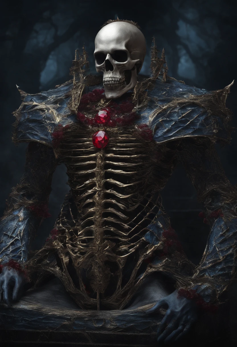 Gold Skeleton, silver bands, round red ruby, blue spikes, golden spikes, Strength, best quality, masterpiece