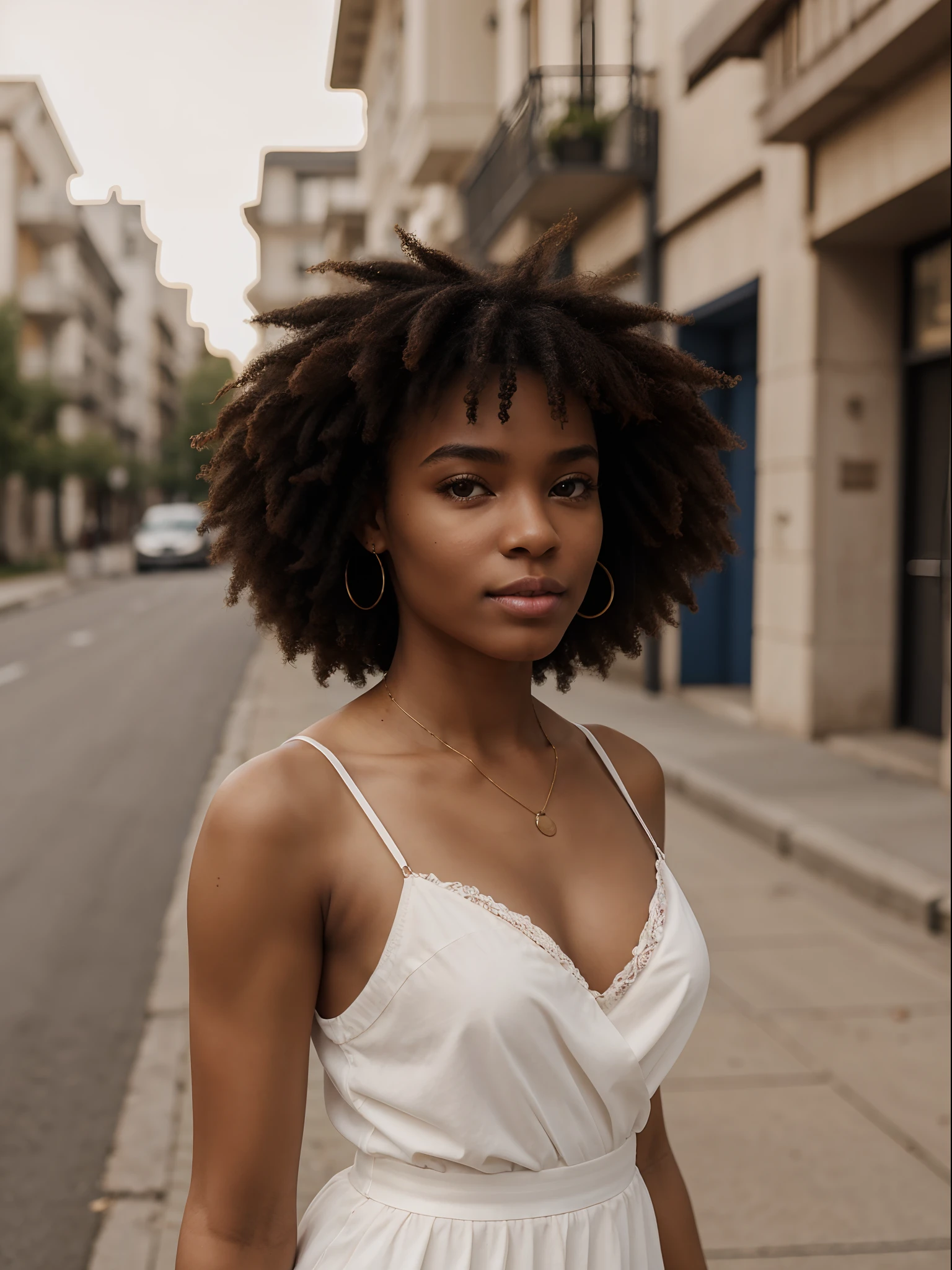 Corps entier , beau visage, Warm light and clear complexion, Afro-American, Detailed, ultra quality, clear chest, mignonne, adorable, chemise blanche et mini jupe debout dans la rue