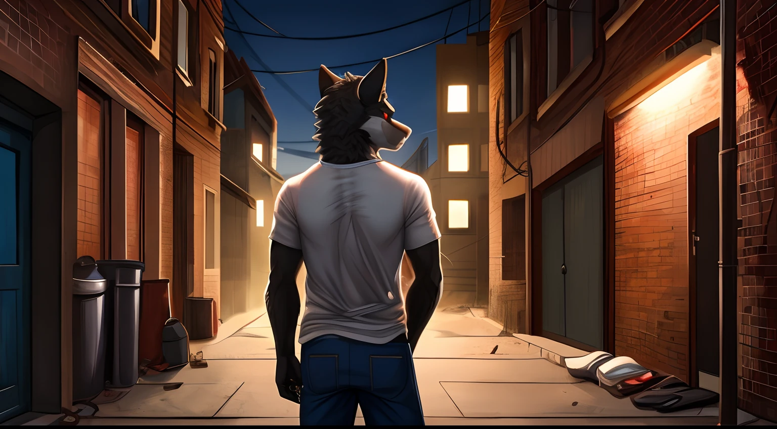 Anthropromorphic wolf male, , detailed athletic body, black and grey fur, hightly detailed red eyes, serious expression, ragged worn blue jeans, dirty white tee shirt, standing in a back alley of a big city in the late evening