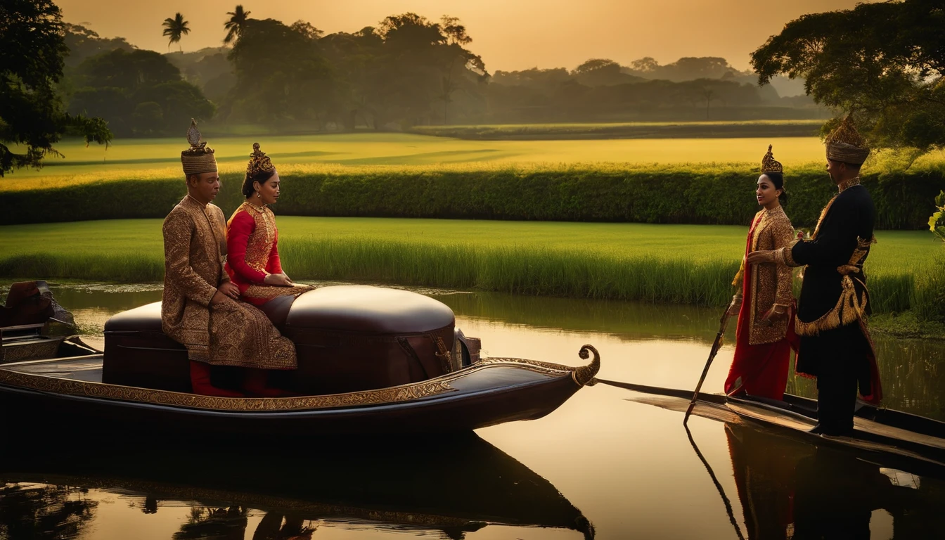 an equestrian entourage of the young Javanese king of Indonesia, handsome, arrives at the kingdom of the Javanese princess of Indonesia (traditional Javanese clothing),ancient Javanese royal palace background,dramatic lighting, In the tranquility of a secluded pond at the back of the palace, the princess bathed, accompanied by her loyal courtiers