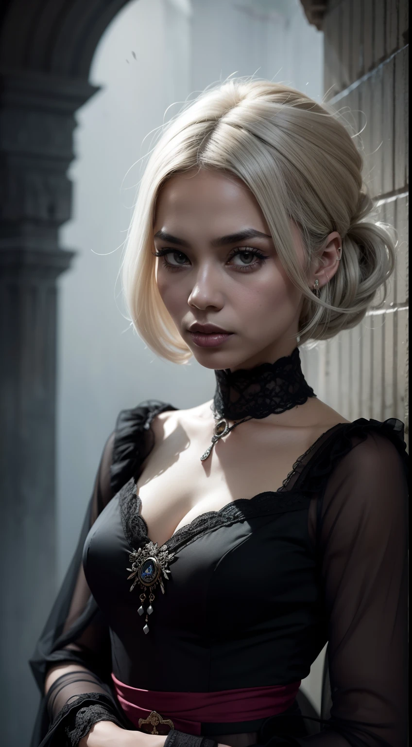 Design a mysterious and haunting portrait of the Malay woman in a Victorian-era gown, white hair, surrounded by eerie, fog-shrouded ruins, creating an atmosphere of Gothic horror