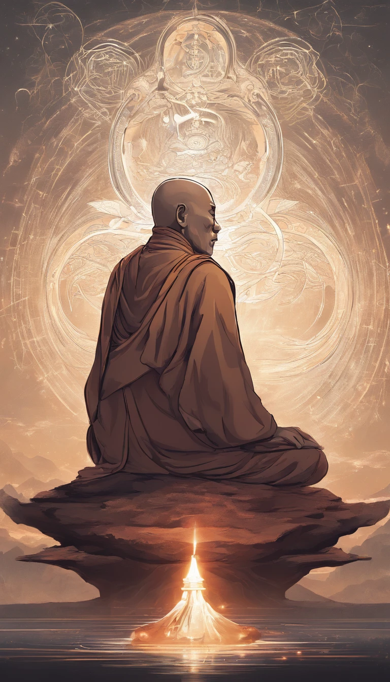 An old monk sits on a large rock,Extremely old monk,(Pray in a lotus pose),Buddhist monk meditation, On the road to enlightenment, Man has a deep connection with God, Zen meditation,brown robe,(Rear view),from back,rear angle,Big light,Buddhism,Beautiful image,epic cinematic shot,Ultra photo realsisim,8K,