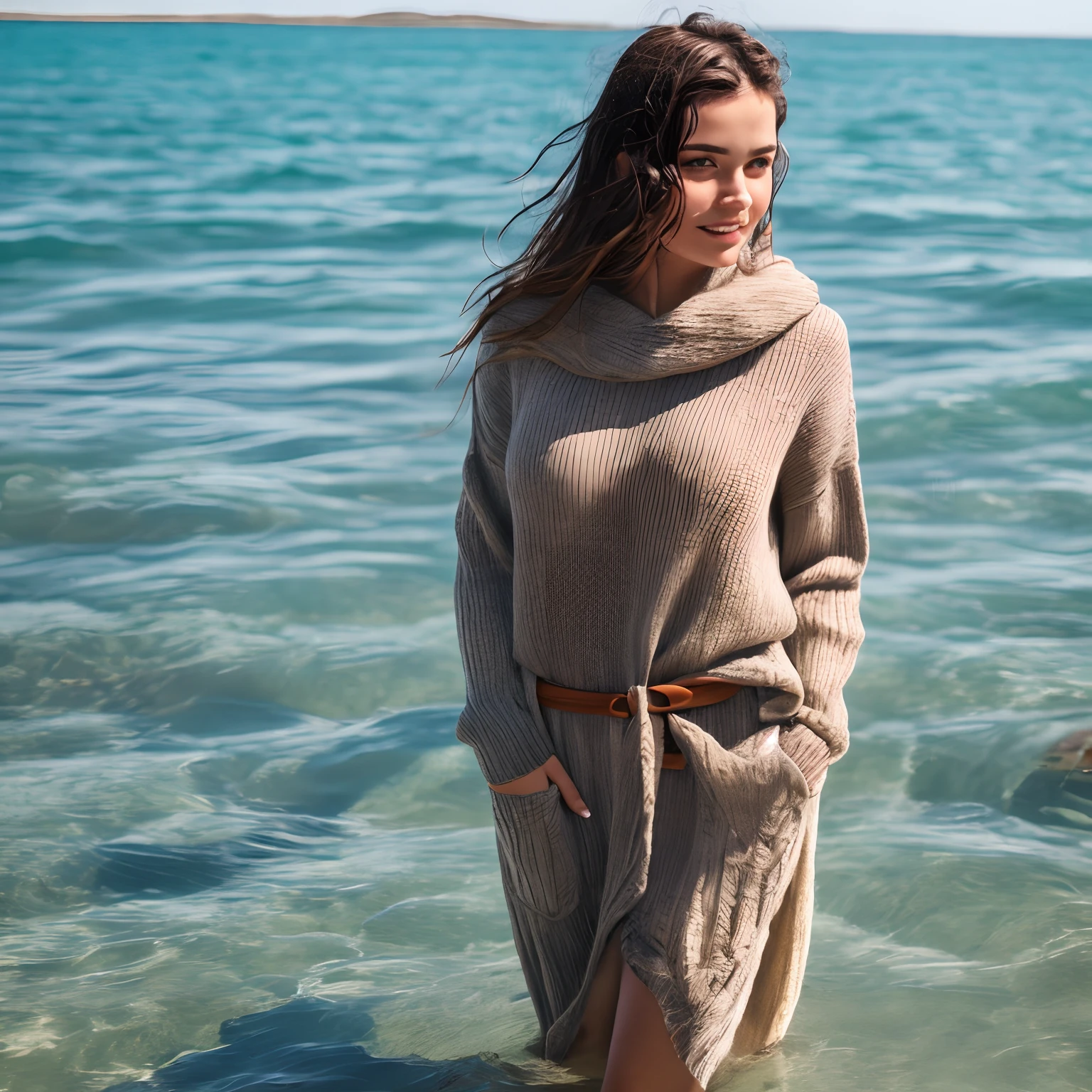 Woman standing in the sea, clear water, peaceful, warm, warmly dressed, pullover, teardrop face, detailed skin, wet hair, in water to her waist