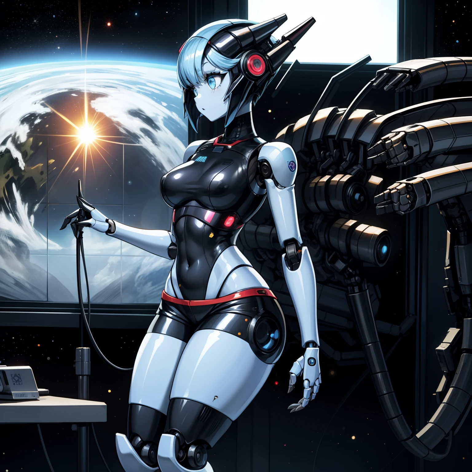 1girl,solo, short hairs,multicolor hairs,light blue eyes, curvy,humanoid robot, joints, robot, robot joints, shiny, shiny skin, thighs, robot, humanoid robot, robot girl,indoor, (window),science fiction,short shorts ,sleeveless jacket ,sci-fi ,factory,monitor,retrowave, (space in background,planet,sun,galaxy)